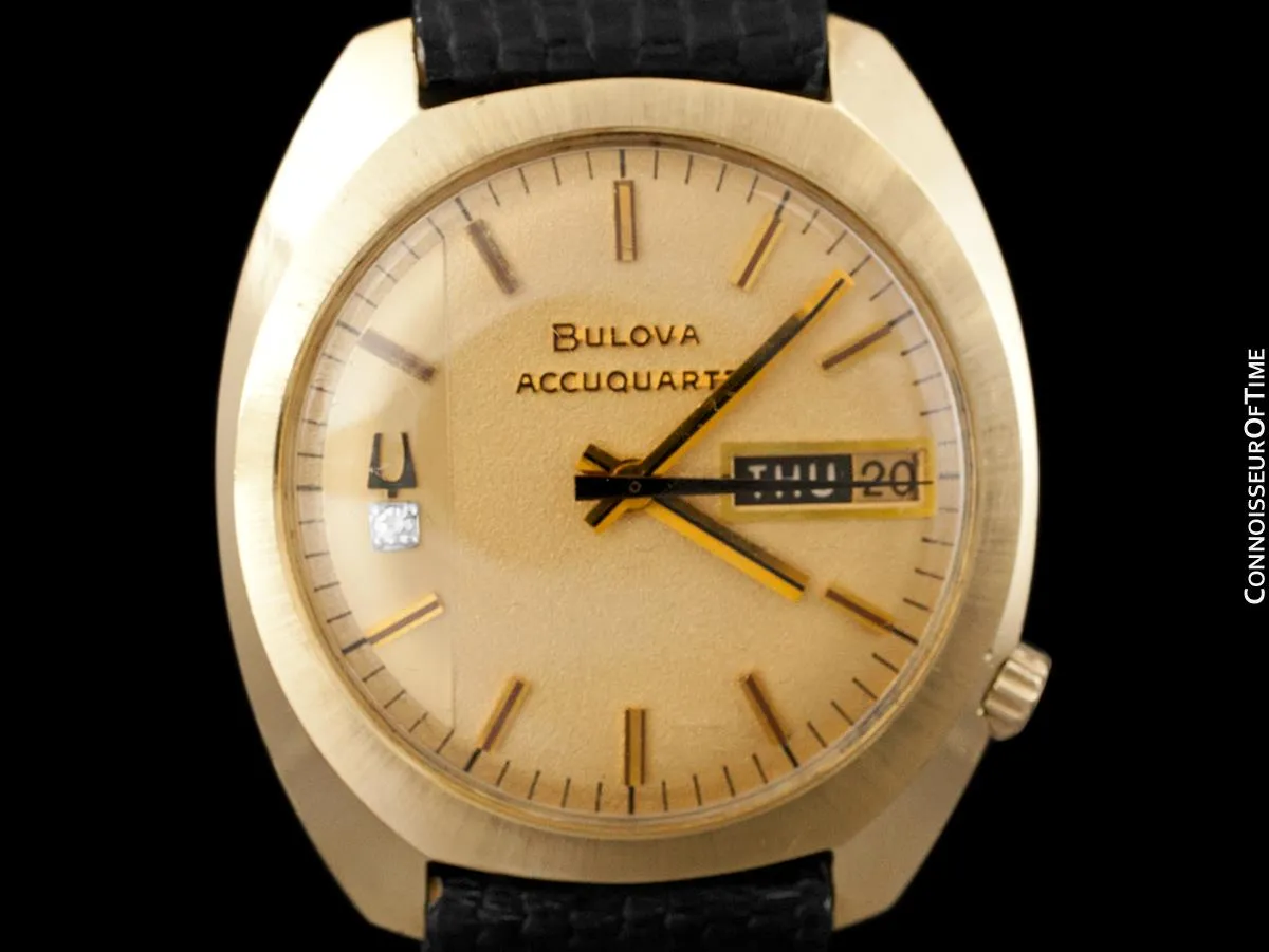 1972 Bulova (Accutron) Accuquartz Retro Mens Day Date Watch - 14K Solid Gold with Diamond