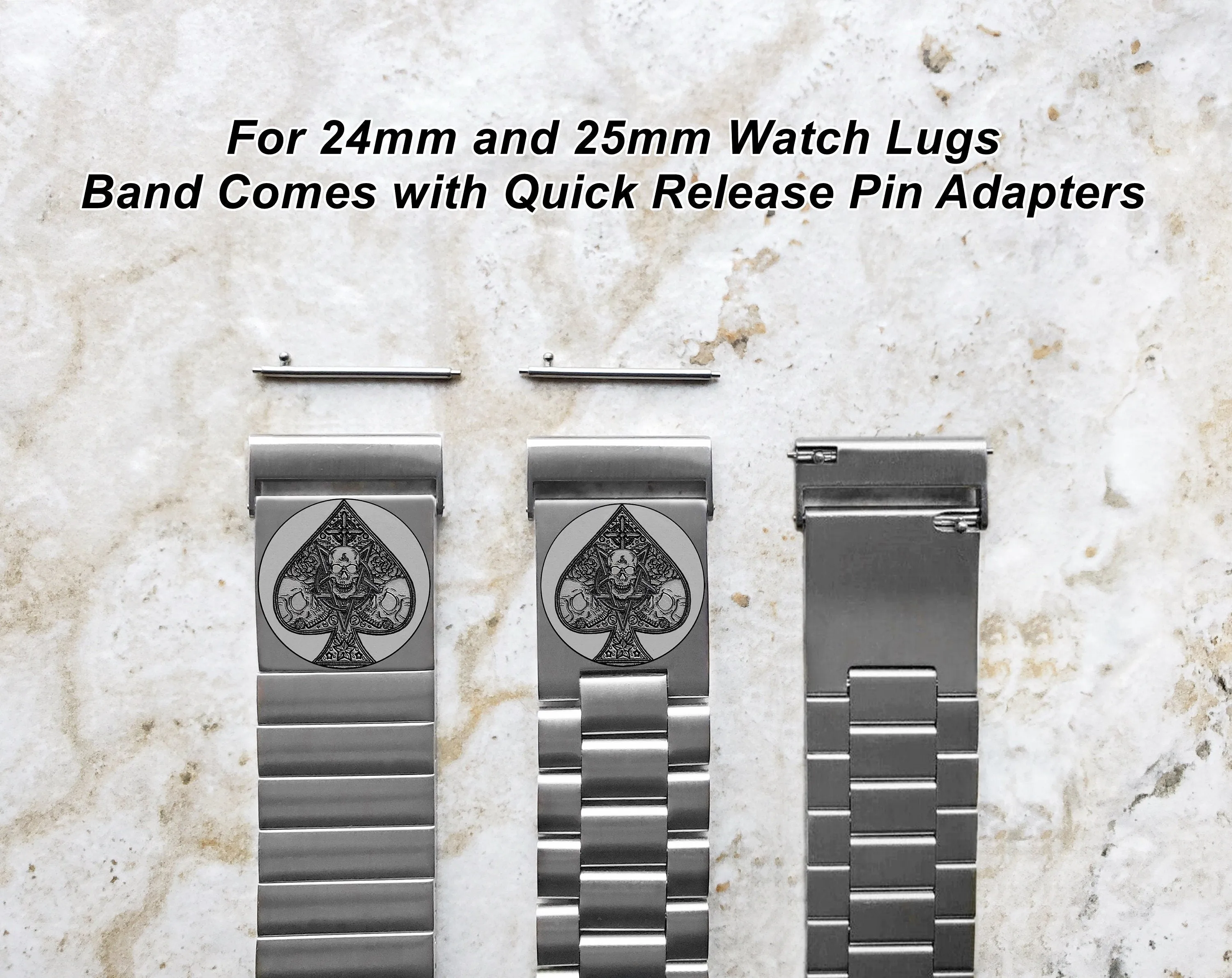 22mm 24mm 25mm Lugs Watch Band Ace of Spades for Traditional Casual Luxury and Smartwatches Engraved Silver Stainless Steel Strap AS2