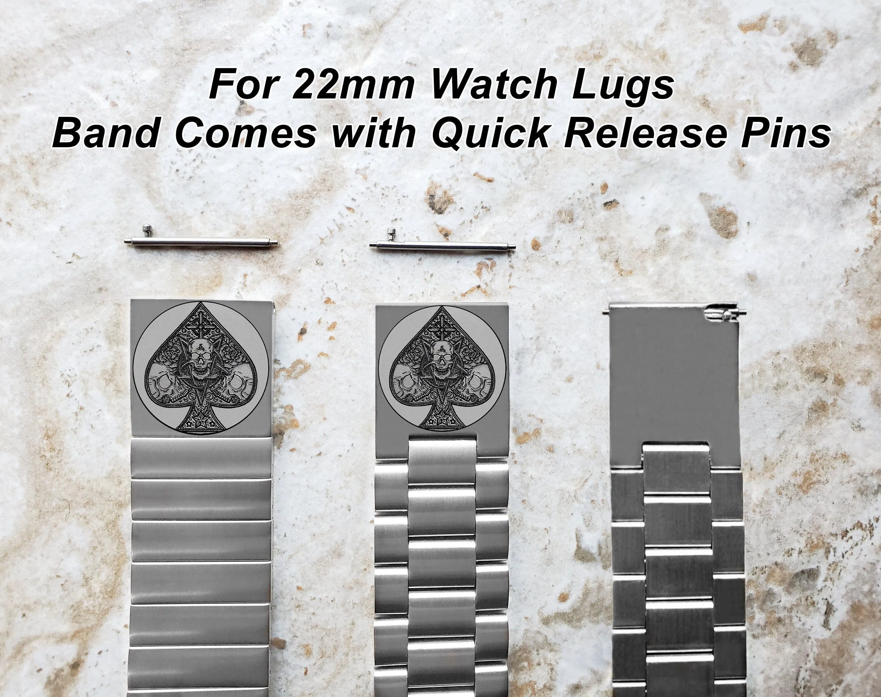 22mm 24mm 25mm Lugs Watch Band Ace of Spades for Traditional Casual Luxury and Smartwatches Engraved Silver Stainless Steel Strap AS2