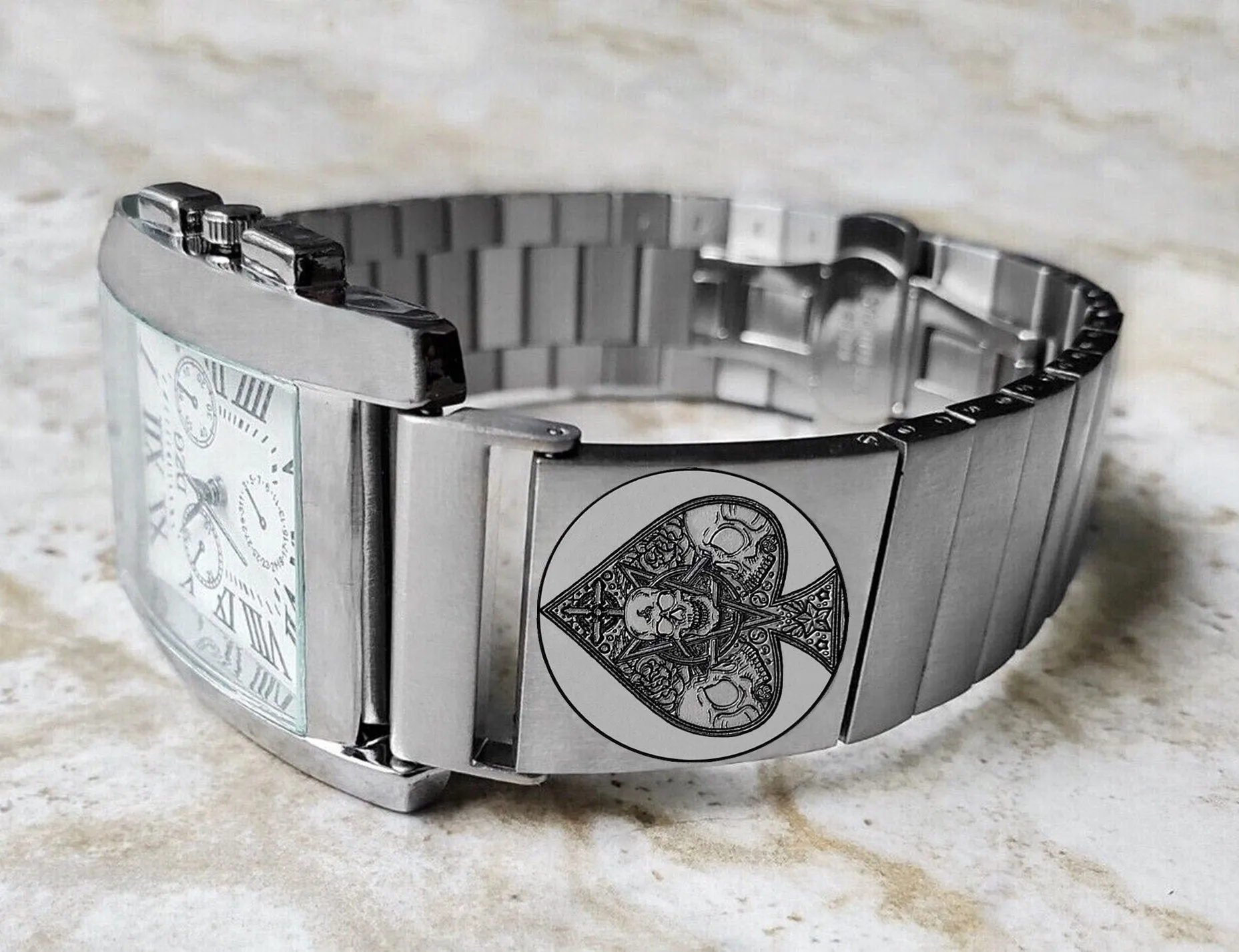 22mm 24mm 25mm Lugs Watch Band Ace of Spades for Traditional Casual Luxury and Smartwatches Engraved Silver Stainless Steel Strap AS2