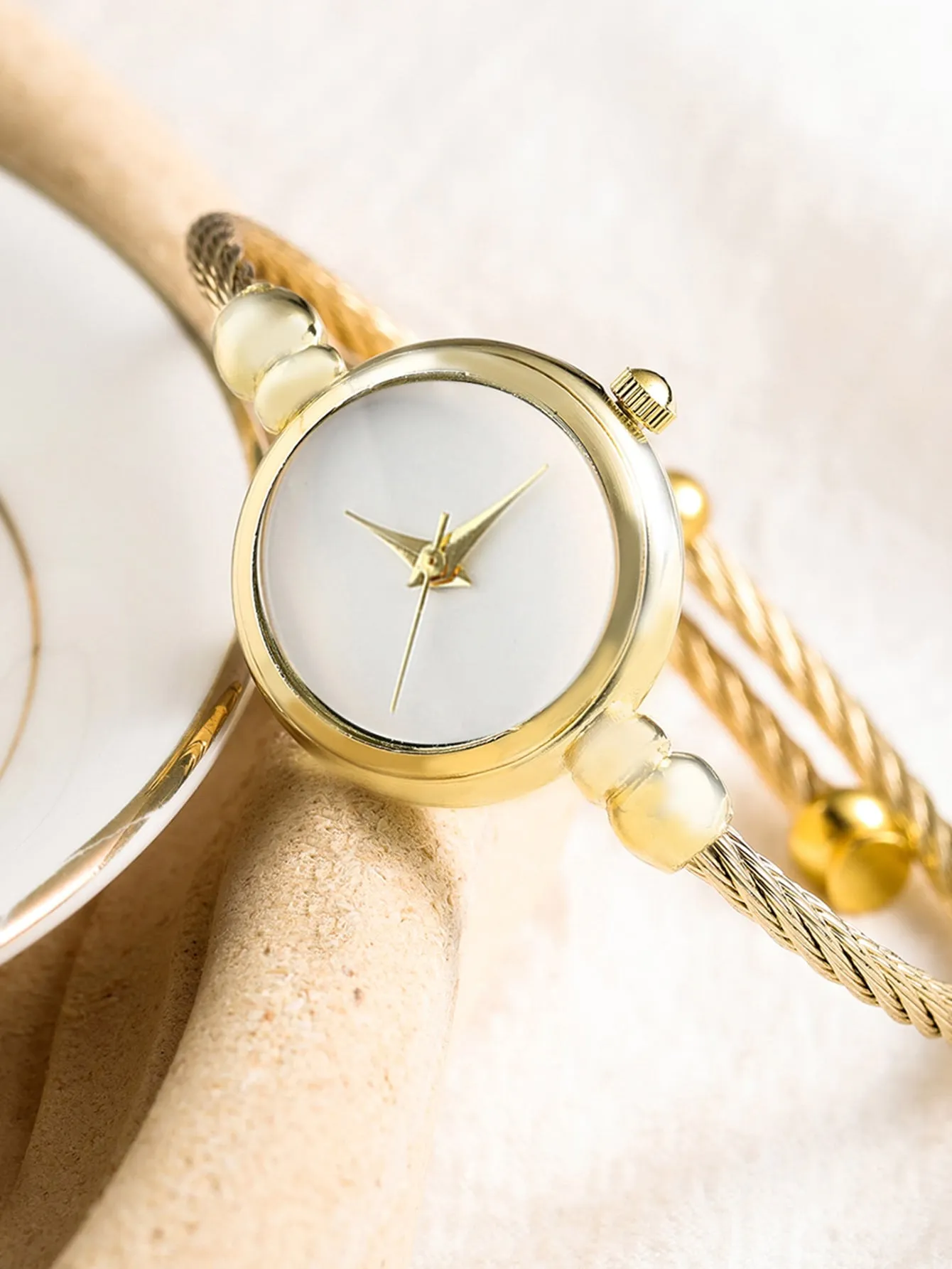 2pcs/set Round Pointer Quartz Watch - Gold