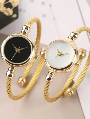 2pcs/set Round Pointer Quartz Watch - Gold