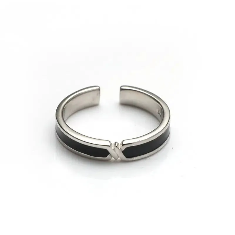 Adjustable Open Band Ring with Black Inlay