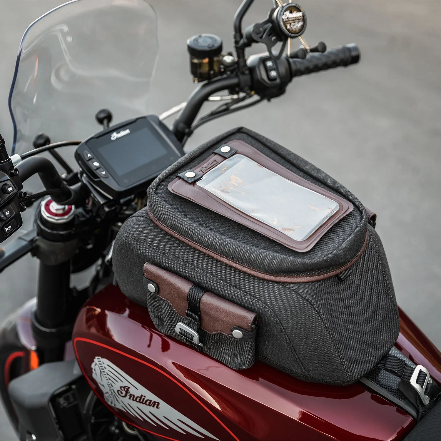 All-Weather Vinyl Tank Bag with Protective Phone Pocket, Gray/Brown