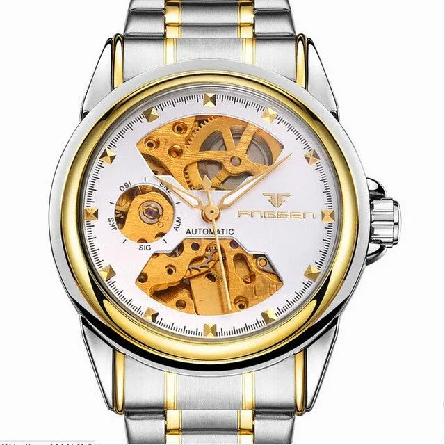 Automatic Mechanical watches men mechanical skeleton wrist watches fashion casual gold steel band watch relogio masculino Gift
