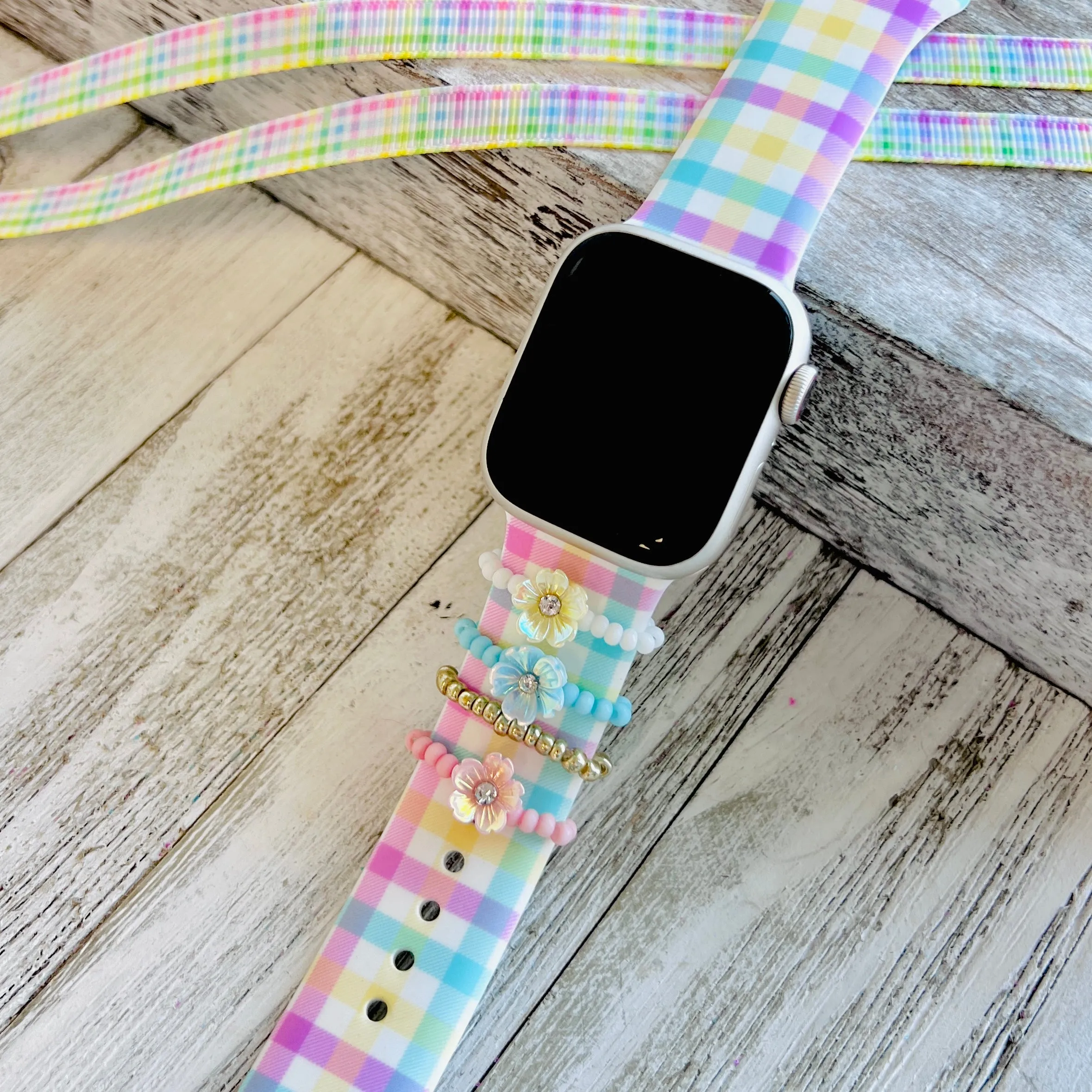 Band Bling 4pc Stack Beaded  Multi Color Pastel Flowers