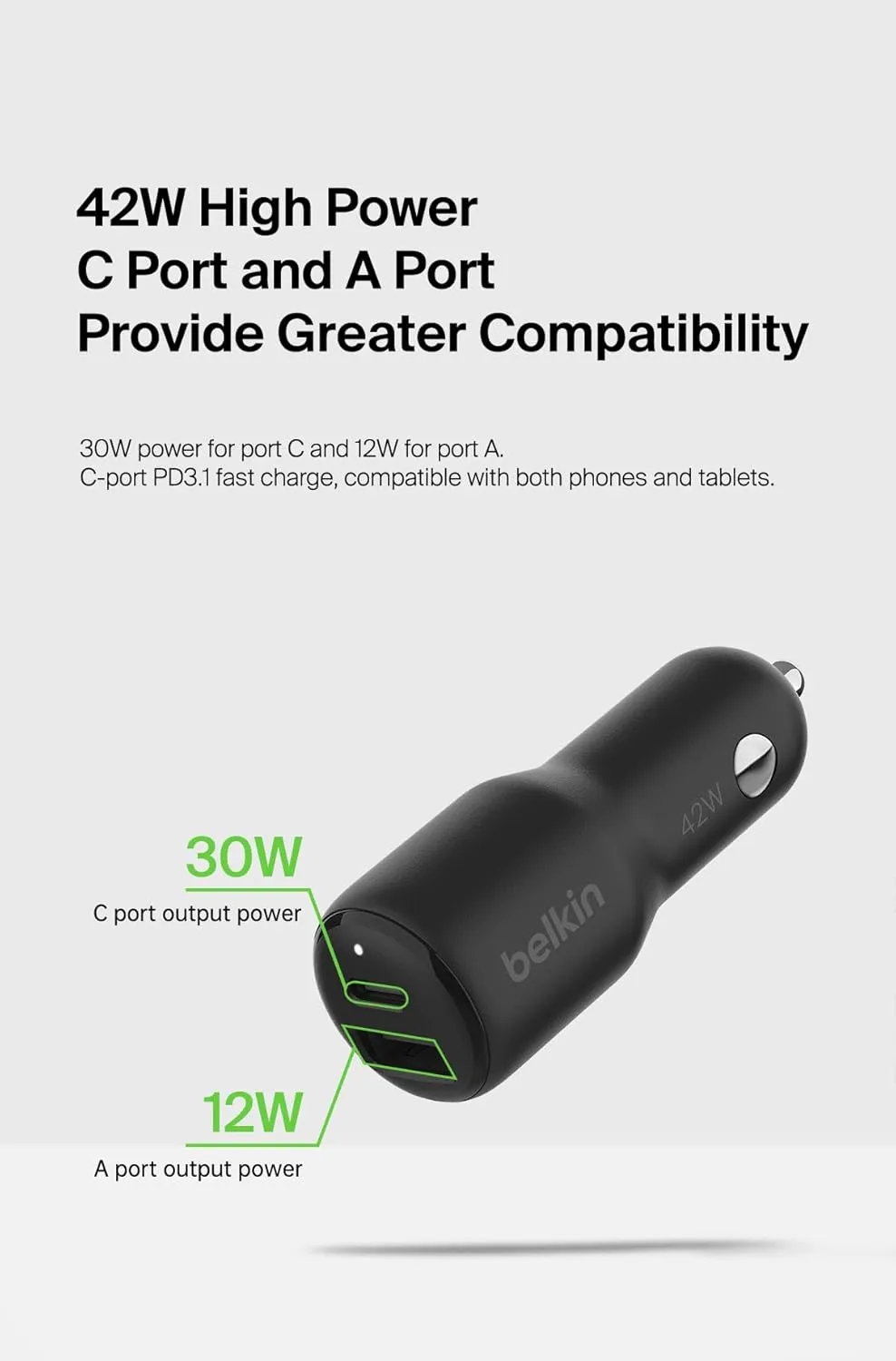 Belkin Dual USB-C Car Charger, 42W (12W 30W) PD, Black