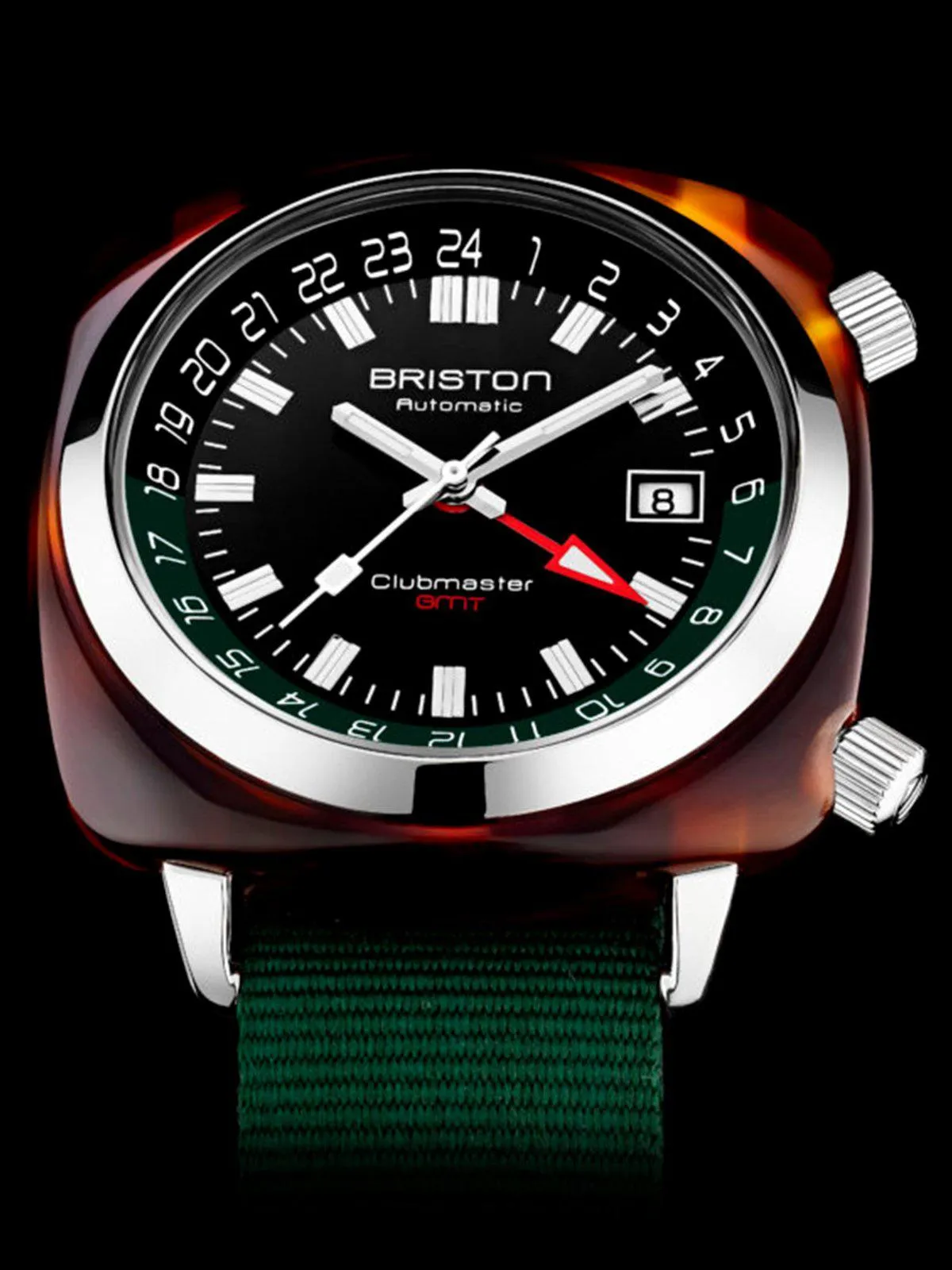 Briston Clubmaster GMT Traveler HMS Automatic Acetate Black Dial British Green Nato Strap 42mm