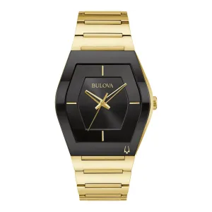 Bulova Gemini Mens Gold Tone Black Dial Watch