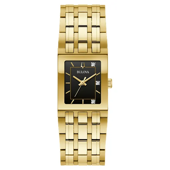 Bulova Marc Anthony Ladies Gold Tone Quadra Diamond Black Dial Watch