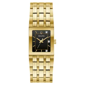 Bulova Marc Anthony Ladies Gold Tone Quadra Diamond Black Dial Watch
