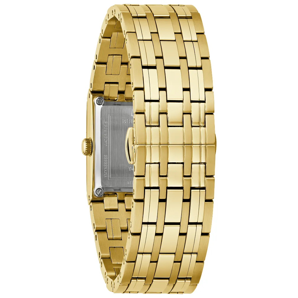Bulova Marc Anthony Ladies Gold Tone Quadra Diamond Black Dial Watch