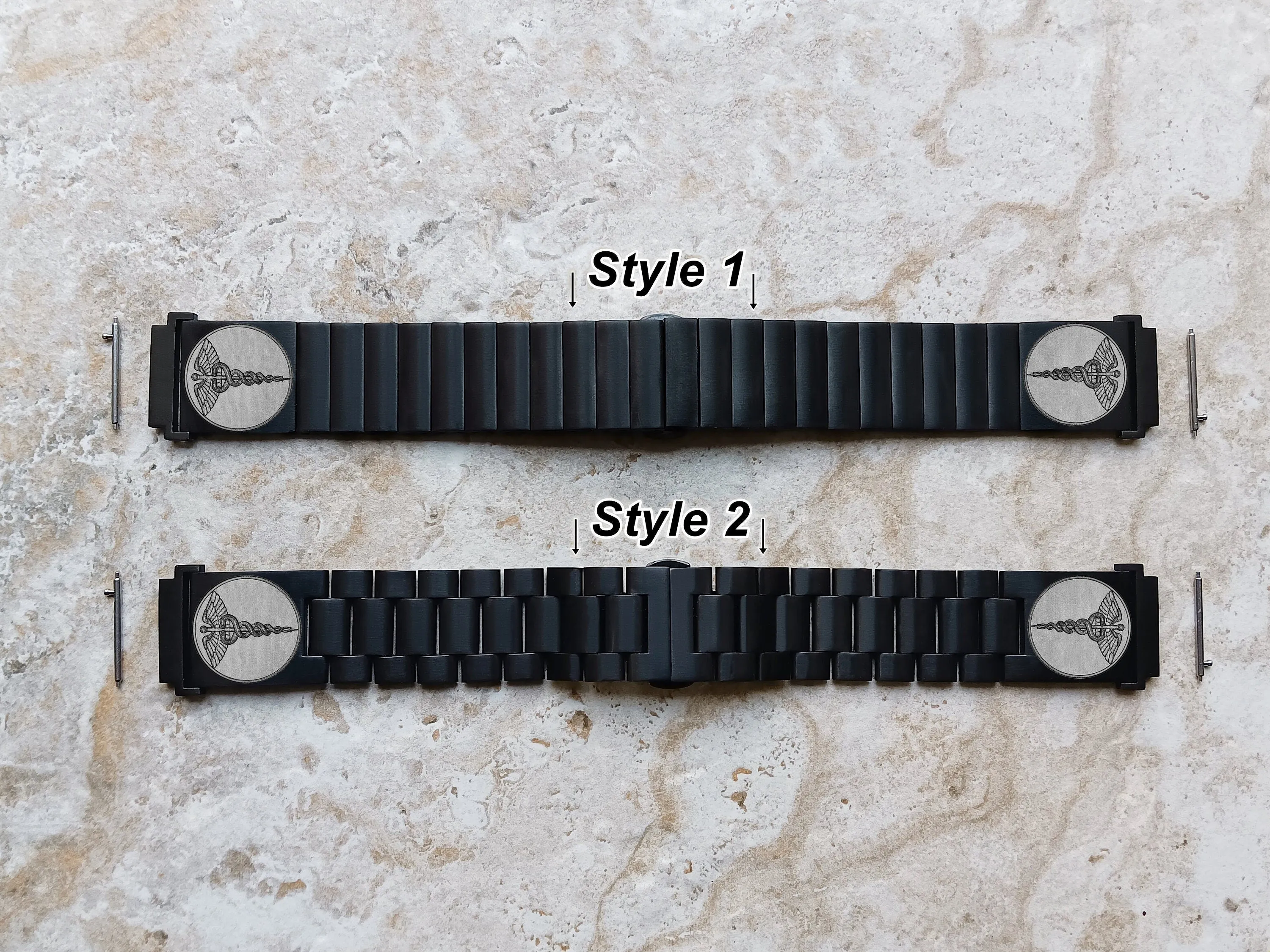 Caduceus Symbol Engraved Watch Band for 20mm Width Lugs Traditional Casual Luxury Smartwatches Black Stainless Steel Strap Bracelet MS1 -A20