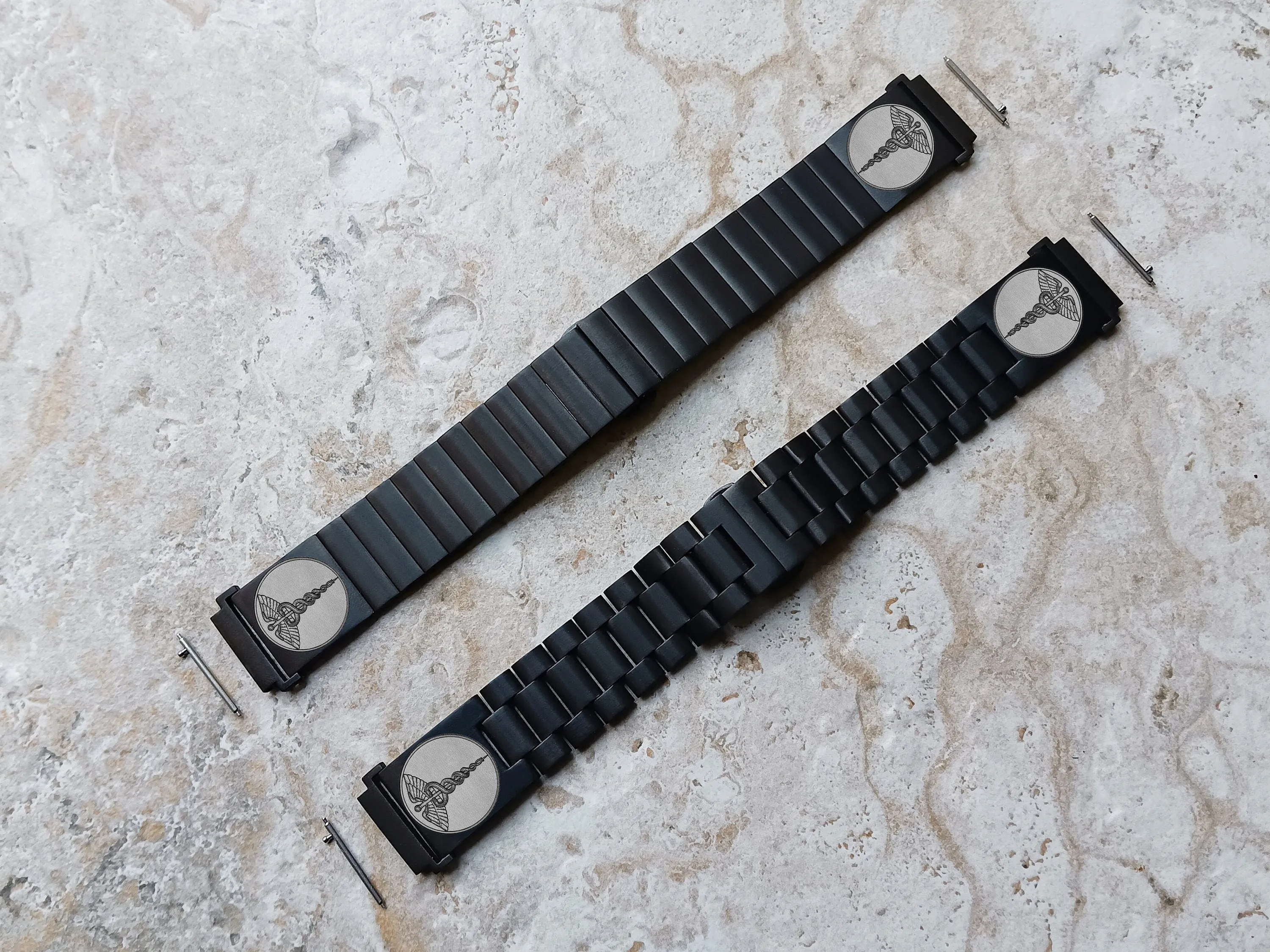 Caduceus Symbol Engraved Watch Band for 20mm Width Lugs Traditional Casual Luxury Smartwatches Black Stainless Steel Strap Bracelet MS1 -A20