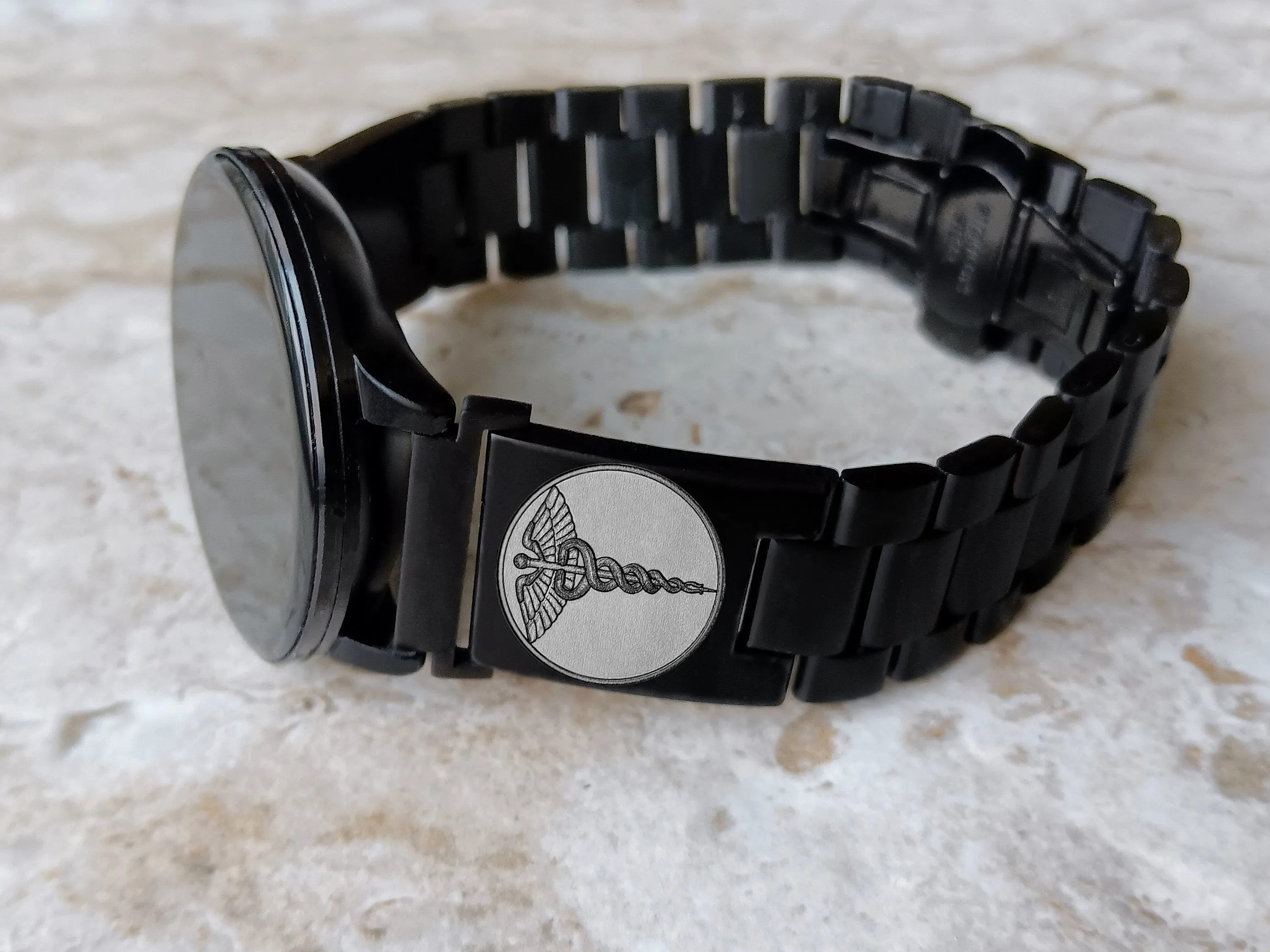 Caduceus Symbol Engraved Watch Band for 20mm Width Lugs Traditional Casual Luxury Smartwatches Black Stainless Steel Strap Bracelet MS1 -A20