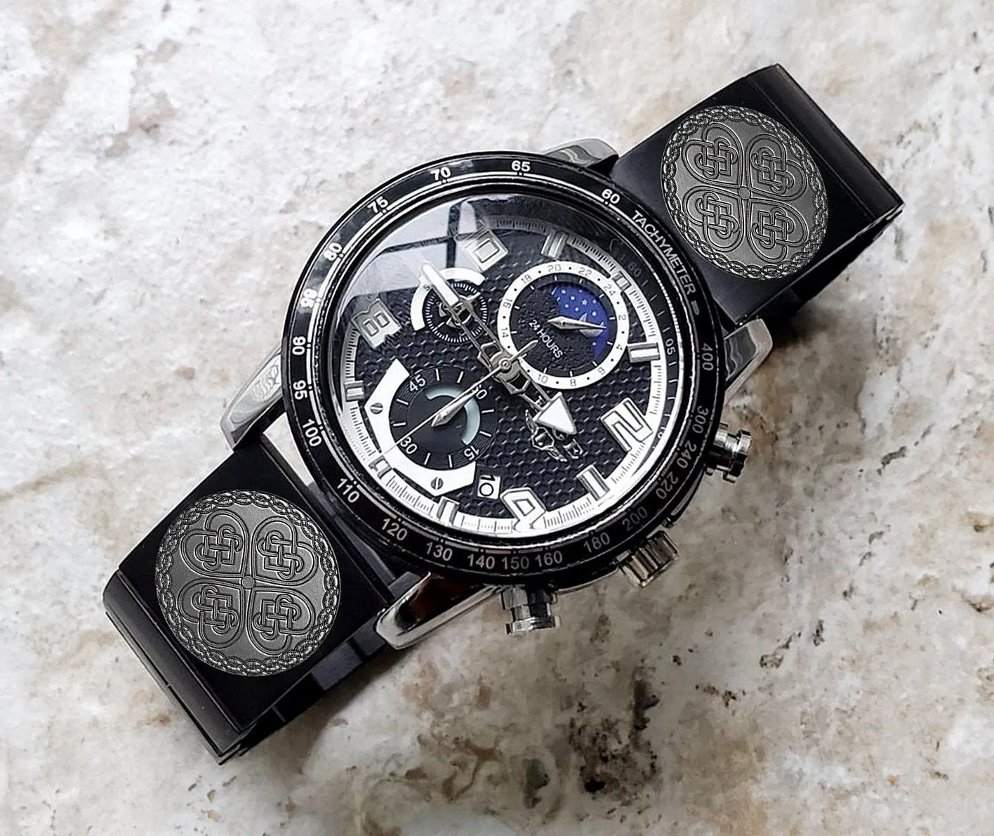 Celtic Clover Engraved Watch Band for 22mm Width Lugs Traditional Casual Luxury and Smartwatches Black Color Stainless Steel Strap Bracelet CC3