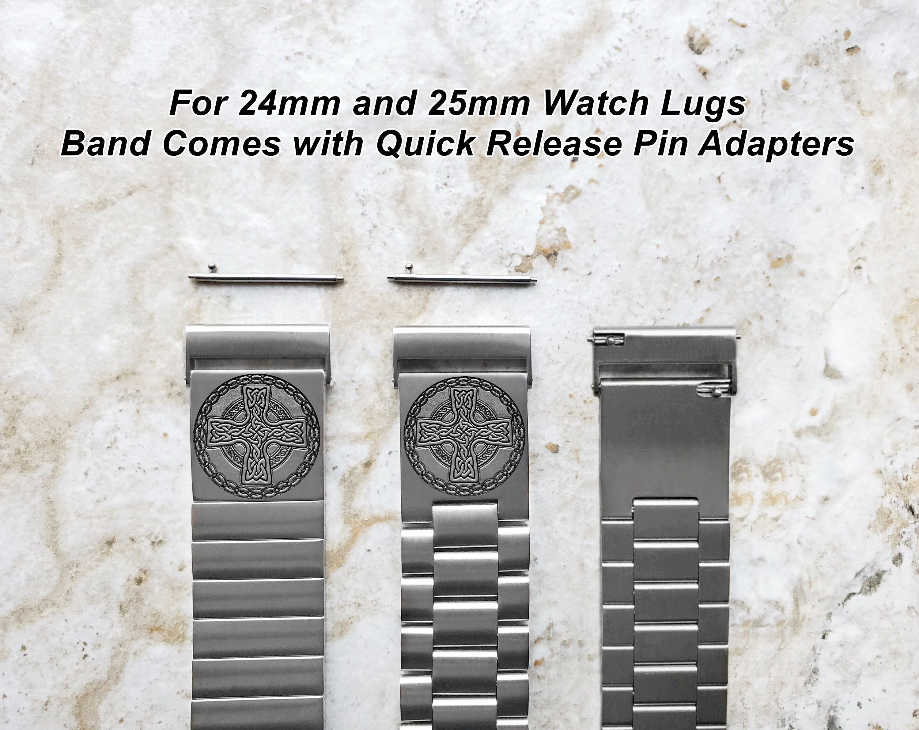 Celtic Cross Engraved Watch Band for 22mm 24mm 25mm Lugs Traditional Casual Luxury and Smartwatches Silver Color Stainless Steel Strap Bracelet CC2