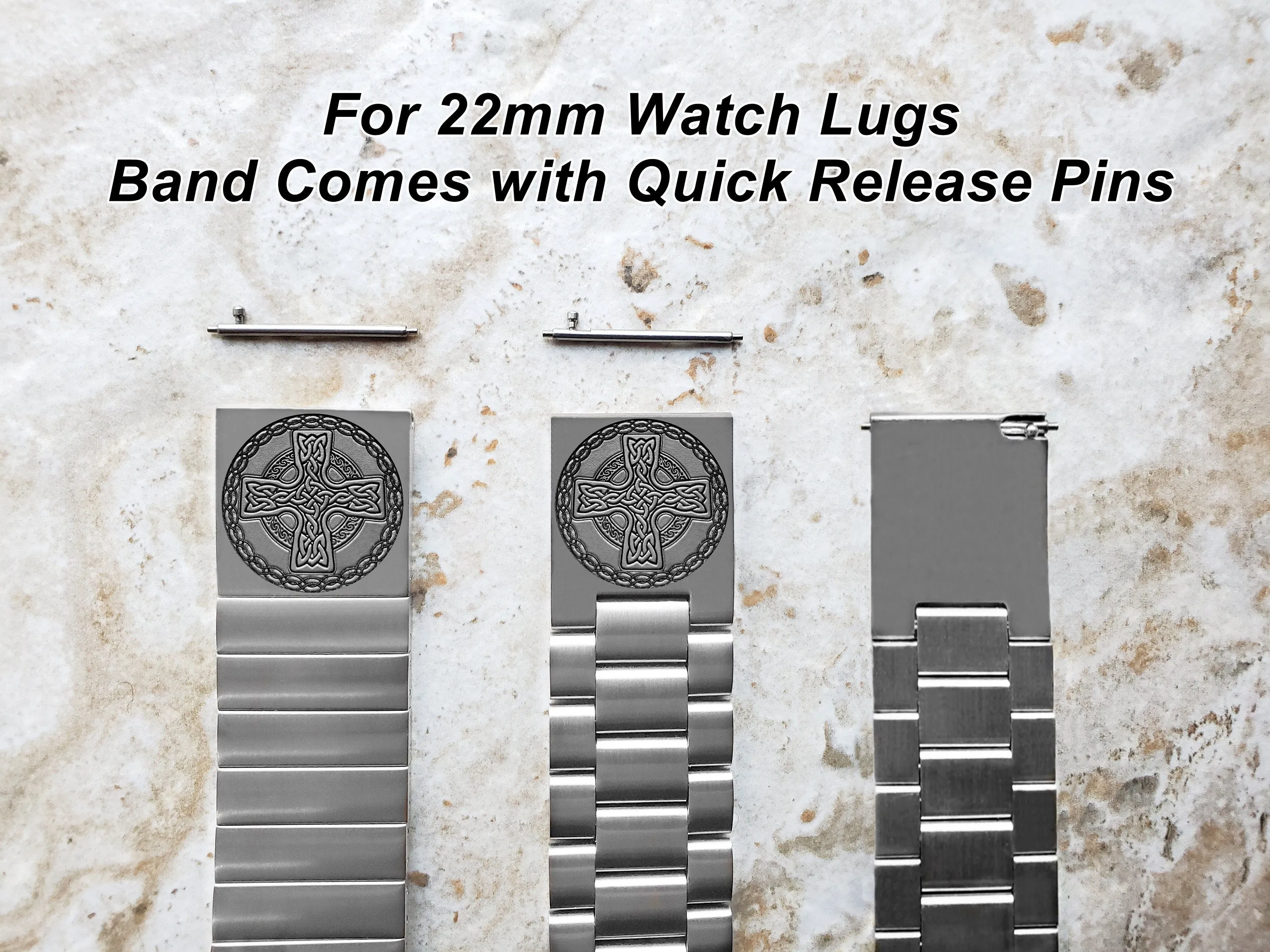 Celtic Cross Engraved Watch Band for 22mm 24mm 25mm Lugs Traditional Casual Luxury and Smartwatches Silver Color Stainless Steel Strap Bracelet CC2