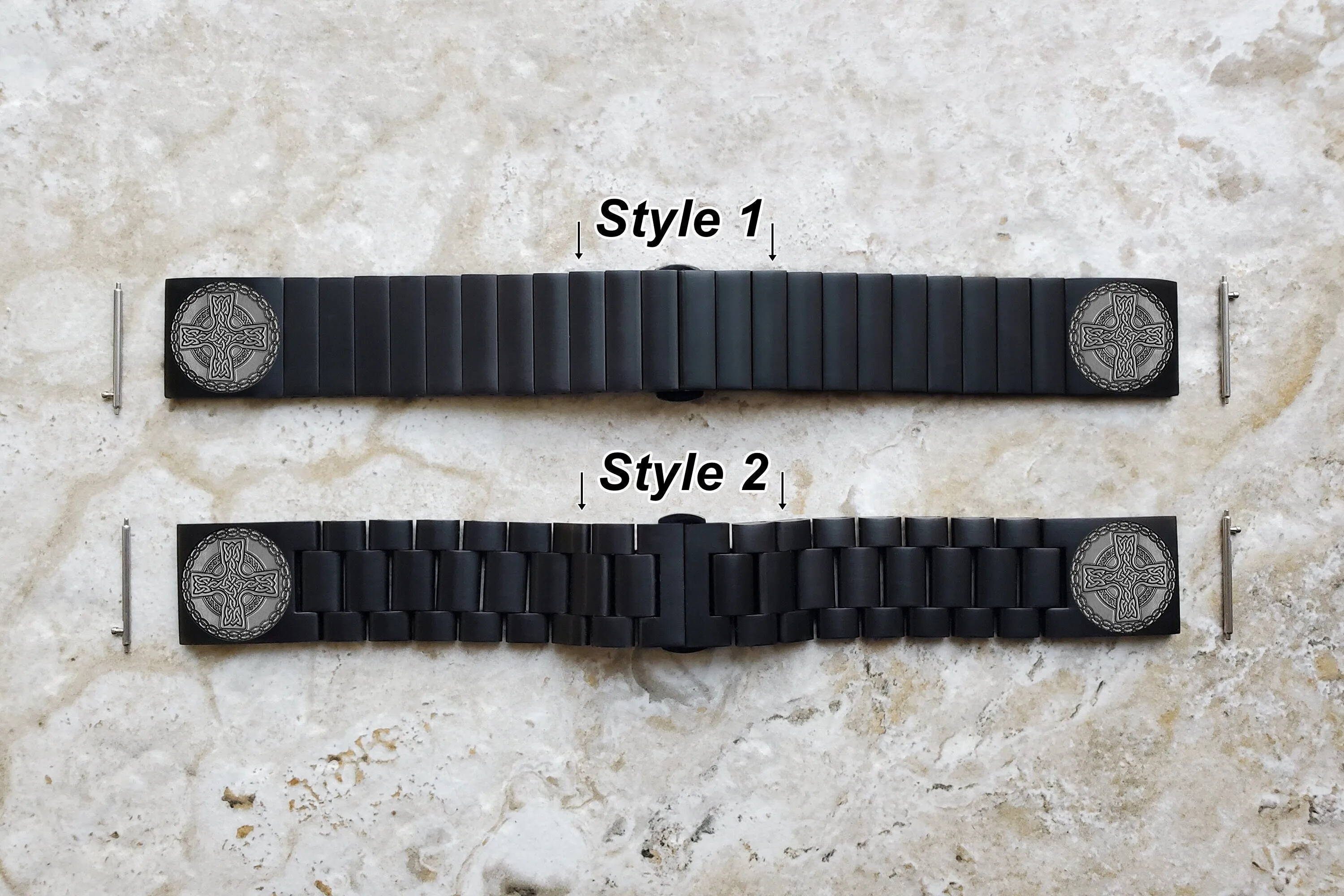 Celtic Cross Engraved Watch Band for 22mm Width Lugs Traditional Casual Luxury and Smartwatches Black Color Stainless Steel Bracelet Strap CC2