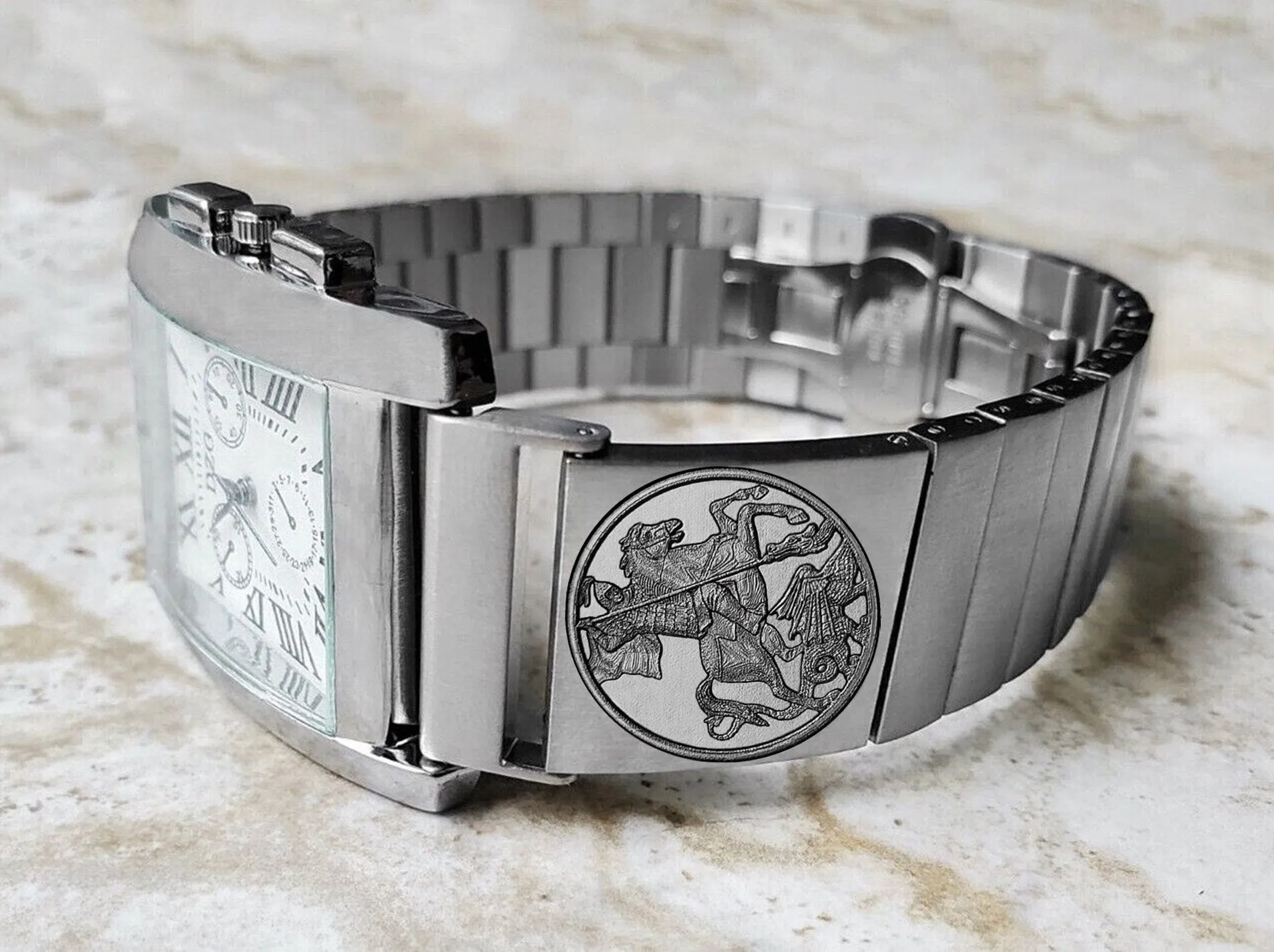 Custom Personalized Unique Engraved Watch Band for 22mm 24mm 25mm Lugs Traditional Casual Luxury and Smartwatches Silver Stainless Steel Strap Great Gift