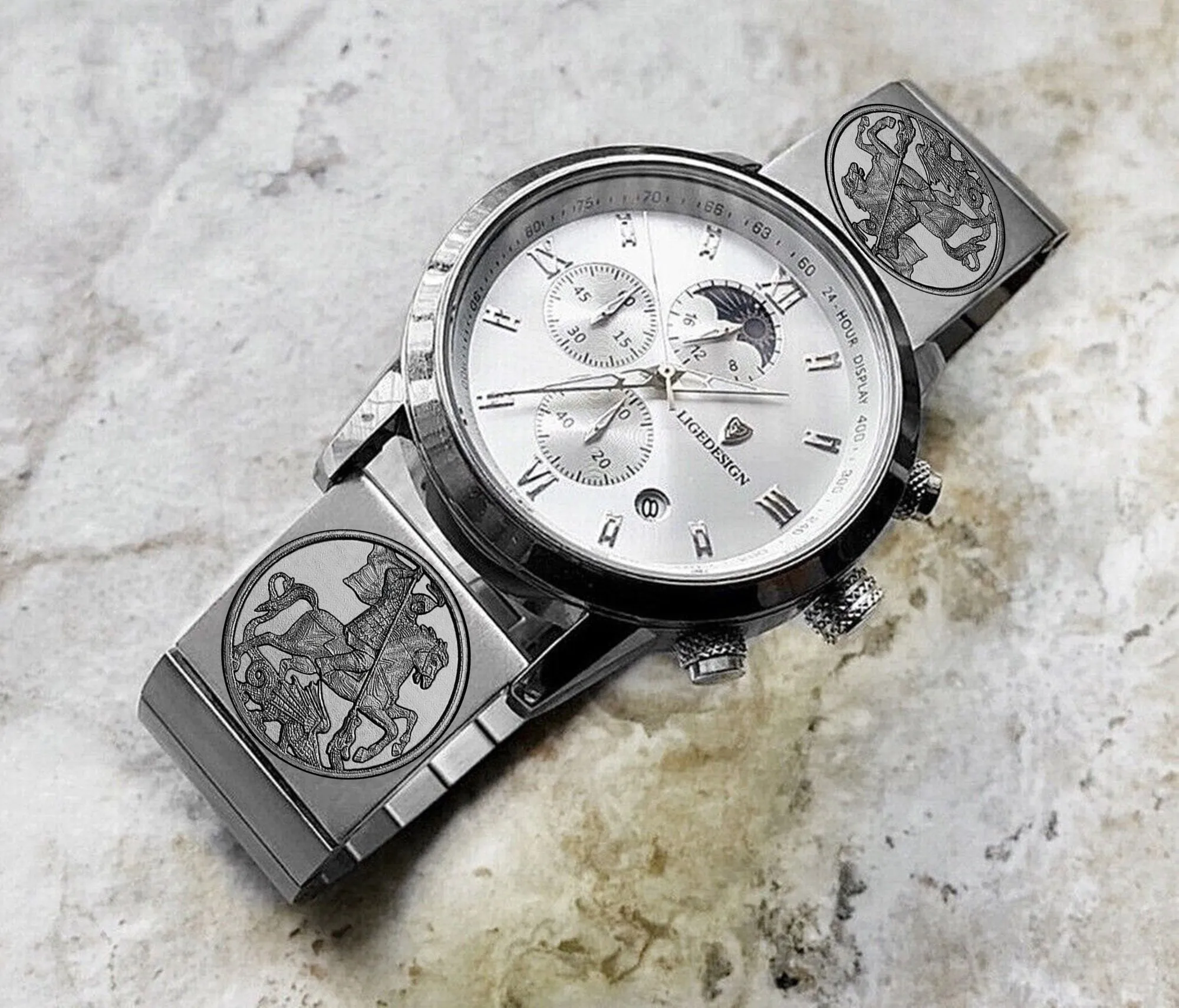 Custom Personalized Unique Engraved Watch Band for 22mm 24mm 25mm Lugs Traditional Casual Luxury and Smartwatches Silver Stainless Steel Strap Great Gift