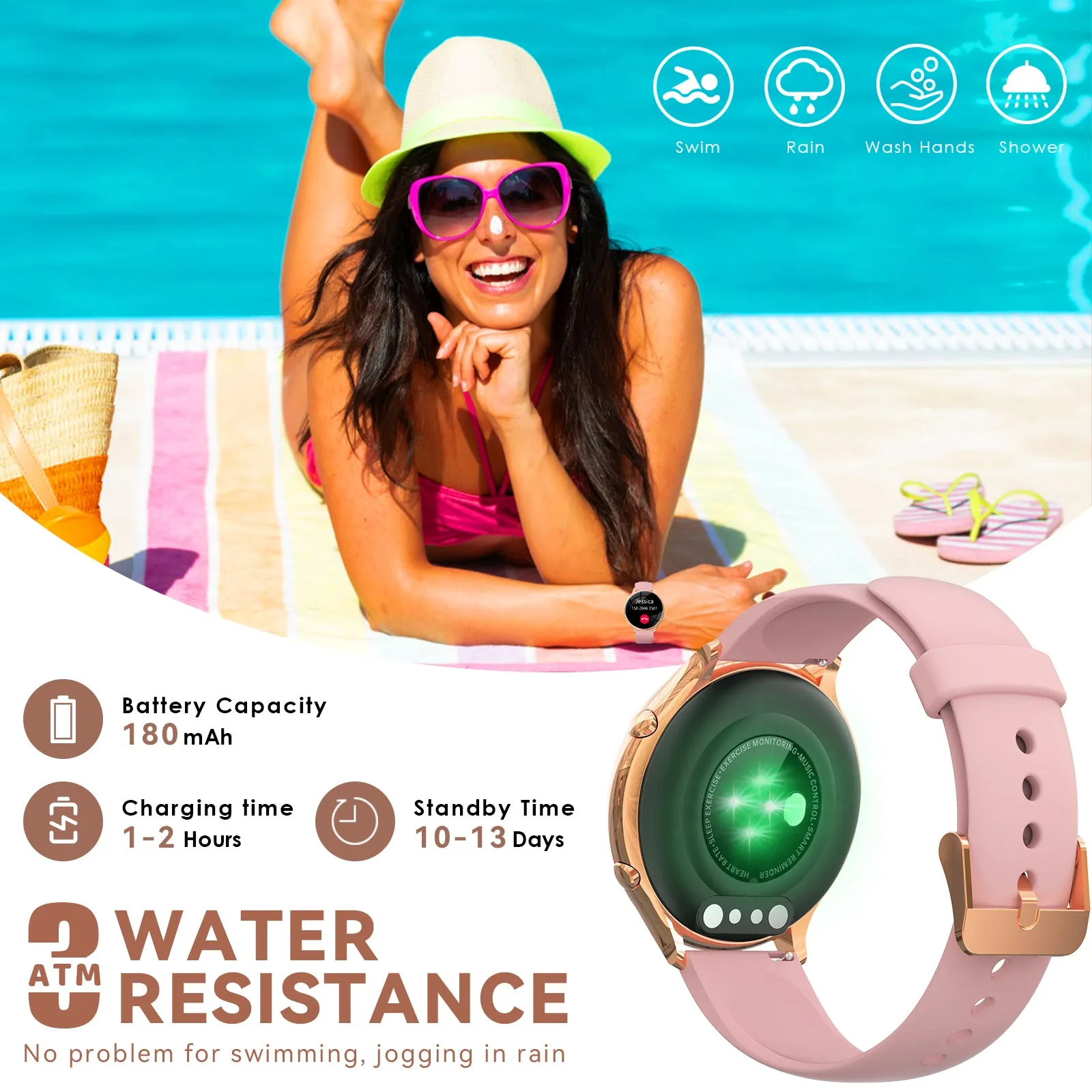 EIGIIS Smart Watch for Women, Fashionable Fitness Watch with Calorie Temperature Monitor Female Health Monitor Lady Sports Watch with 24 Sports Modes Activity Trackers Watch for iOS Android Phone