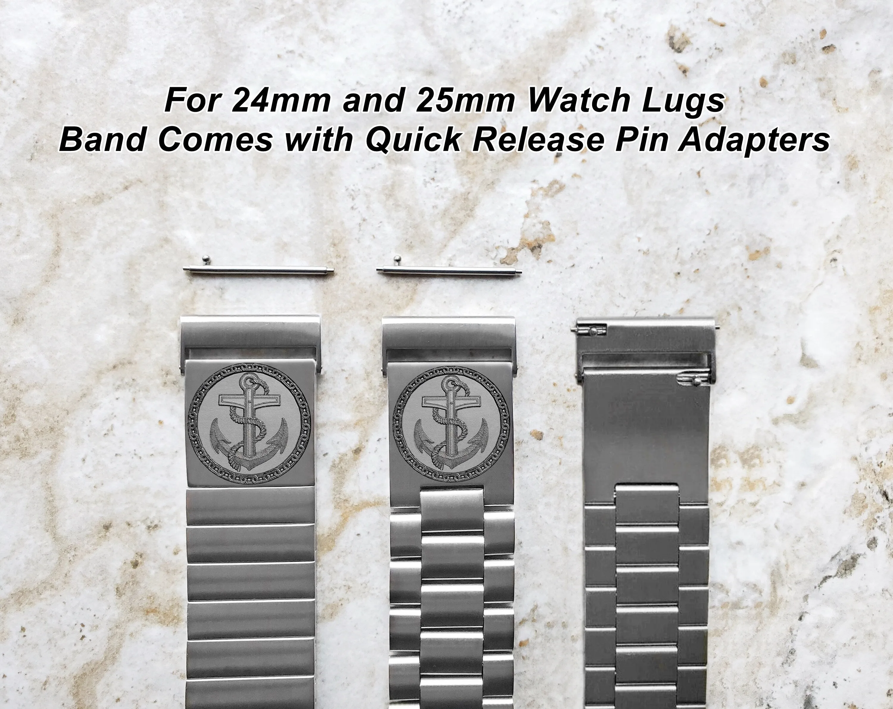 Engraved Watch Band for 22mm 24mm 25mm Lugs Traditional Casual Luxury and Smartwatches Silver Color Stainless Steel Bracelet Strap AN1