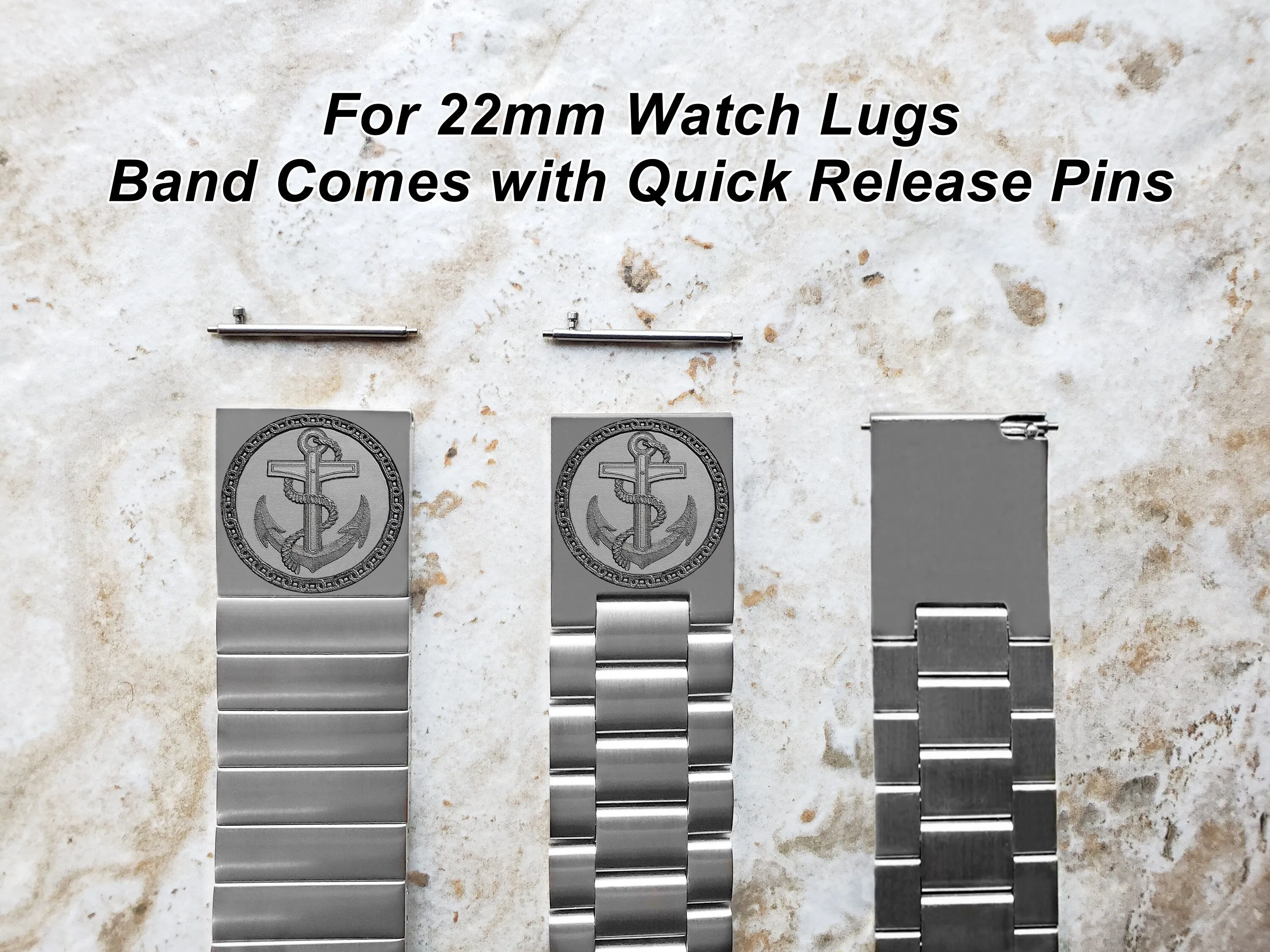 Engraved Watch Band for 22mm 24mm 25mm Lugs Traditional Casual Luxury and Smartwatches Silver Color Stainless Steel Bracelet Strap AN1