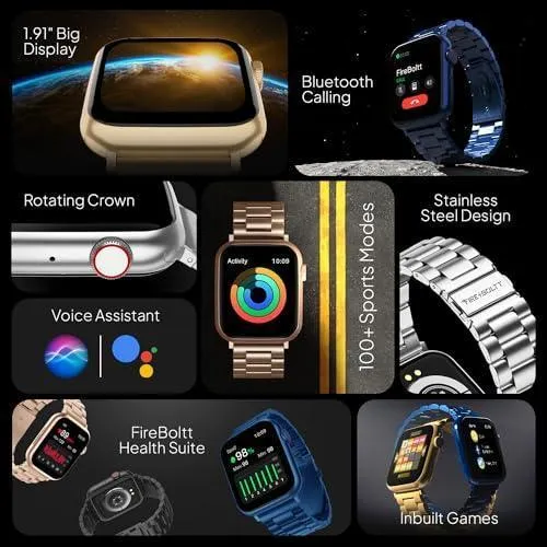 Fire-Boltt Lumos Stainless Steel Luxury Smart Watch with 1.91” Large Display, Bluetooth Calling, Voice Assistant, 100  Sports Modes