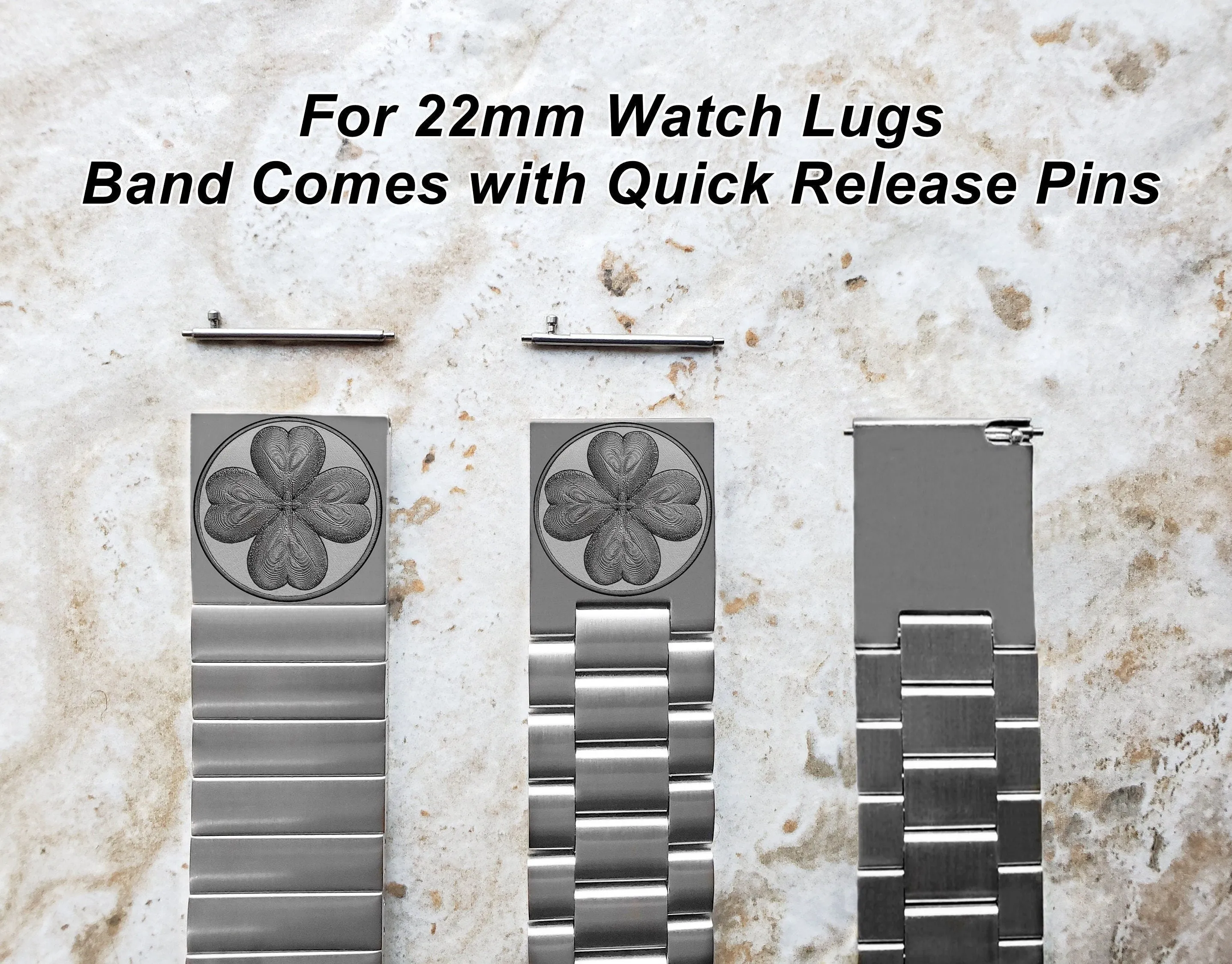 Four Leaf Clover Engraved Band for 22mm 24mm 25mm Lugs Traditional Casual Luxury and Smartwatches Silver Color Stainless Steel Strap SR1