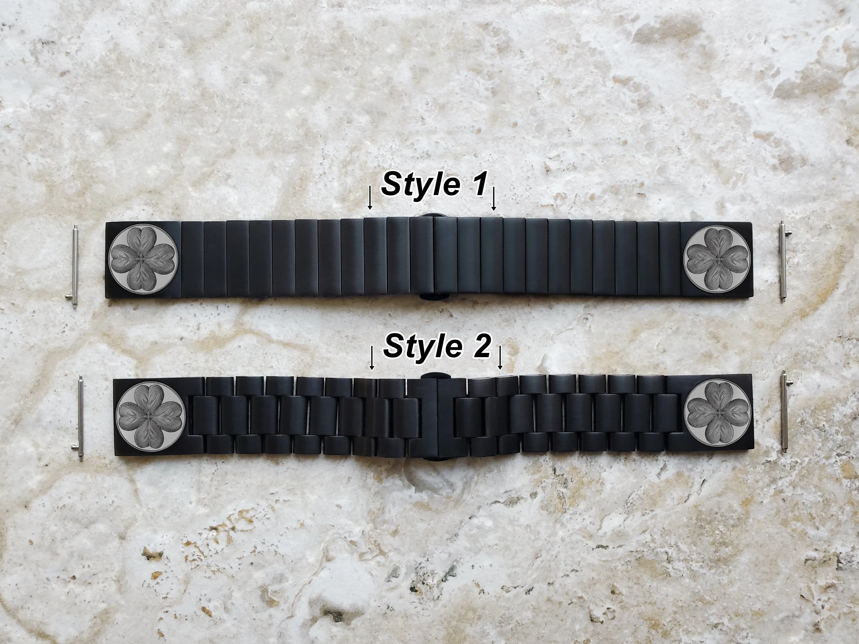 Four Leaf Clover Engraved Watch Band for 22mm Width Lugs Traditional Casual Luxury and Smartwatches Black Stainless Steel Strap Bracelet SR1