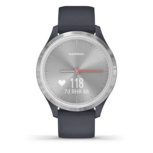 Garmin vívomove 3S, Hybrid Smartwatch with Real Watch Hands and Hidden Touchscreen Display, Silver with Granite Blue Case and Band, Grey