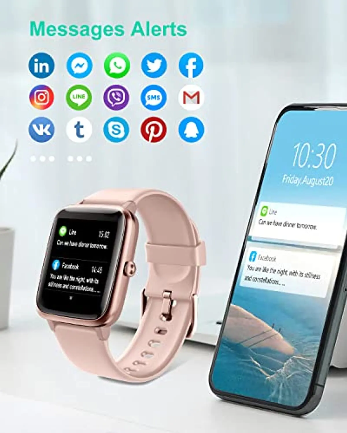 GRV Smart Watch for iOS and Android Phones, Watches for Men Women IP68 Waterproof Smartwatch Fitness Tracker Watch with Heart Rate/Sleep Monitor Steps Calories Counter (Pink)