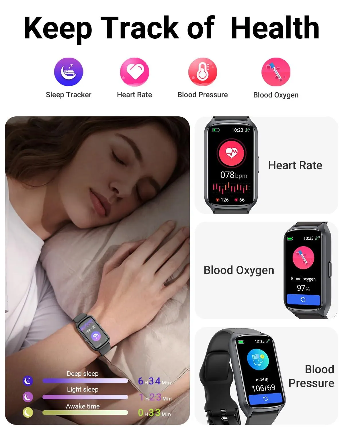 Health Fitness Tracker with 24/7 Heart Rate, Blood Oxygen, Blood Pressure, Sleep Tracker, Step Counter, 5ATM Waterproof Activity Trackers and Smart Watches for Women Men Kids (S & L Bands Included)