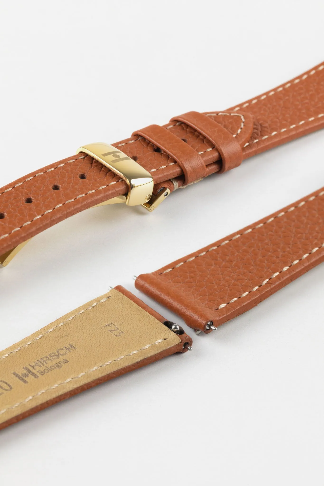 Hirsch BOLOGNA Quick-Release French-Style Textured Leather Watch Strap in GOLD BROWN