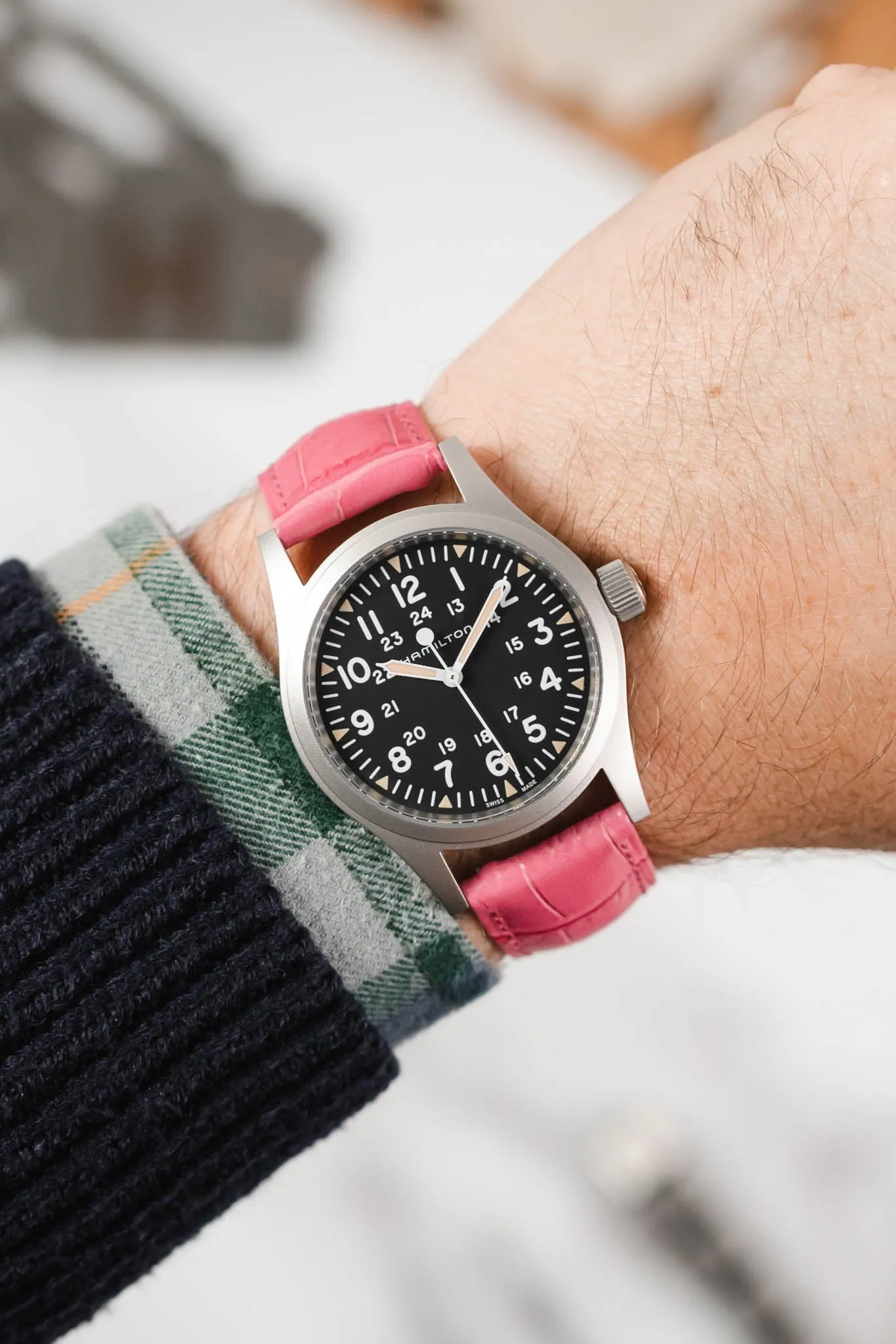 Hirsch DUKE Alligator Embossed Leather Watch Strap in PINK