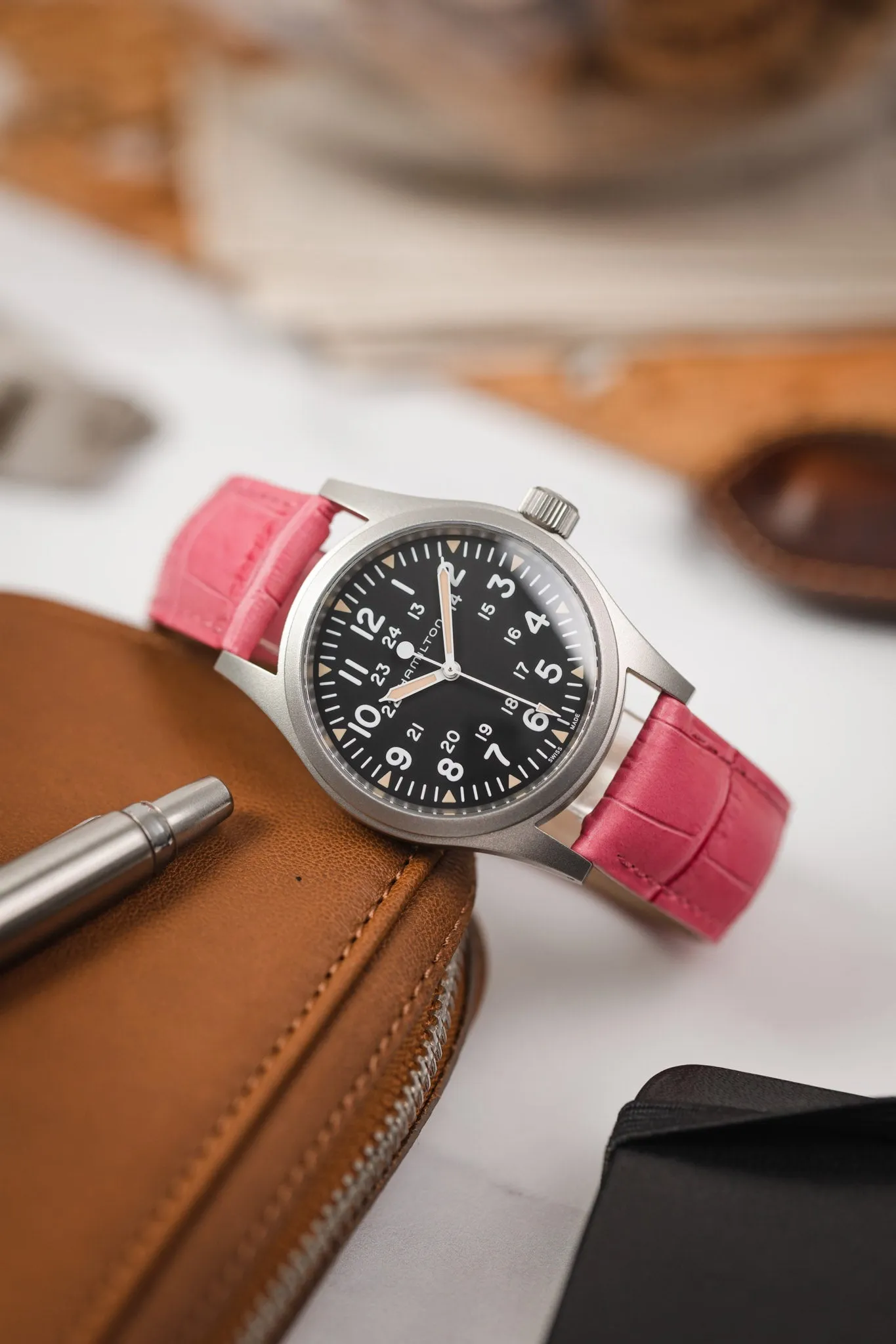 Hirsch DUKE Alligator Embossed Leather Watch Strap in PINK