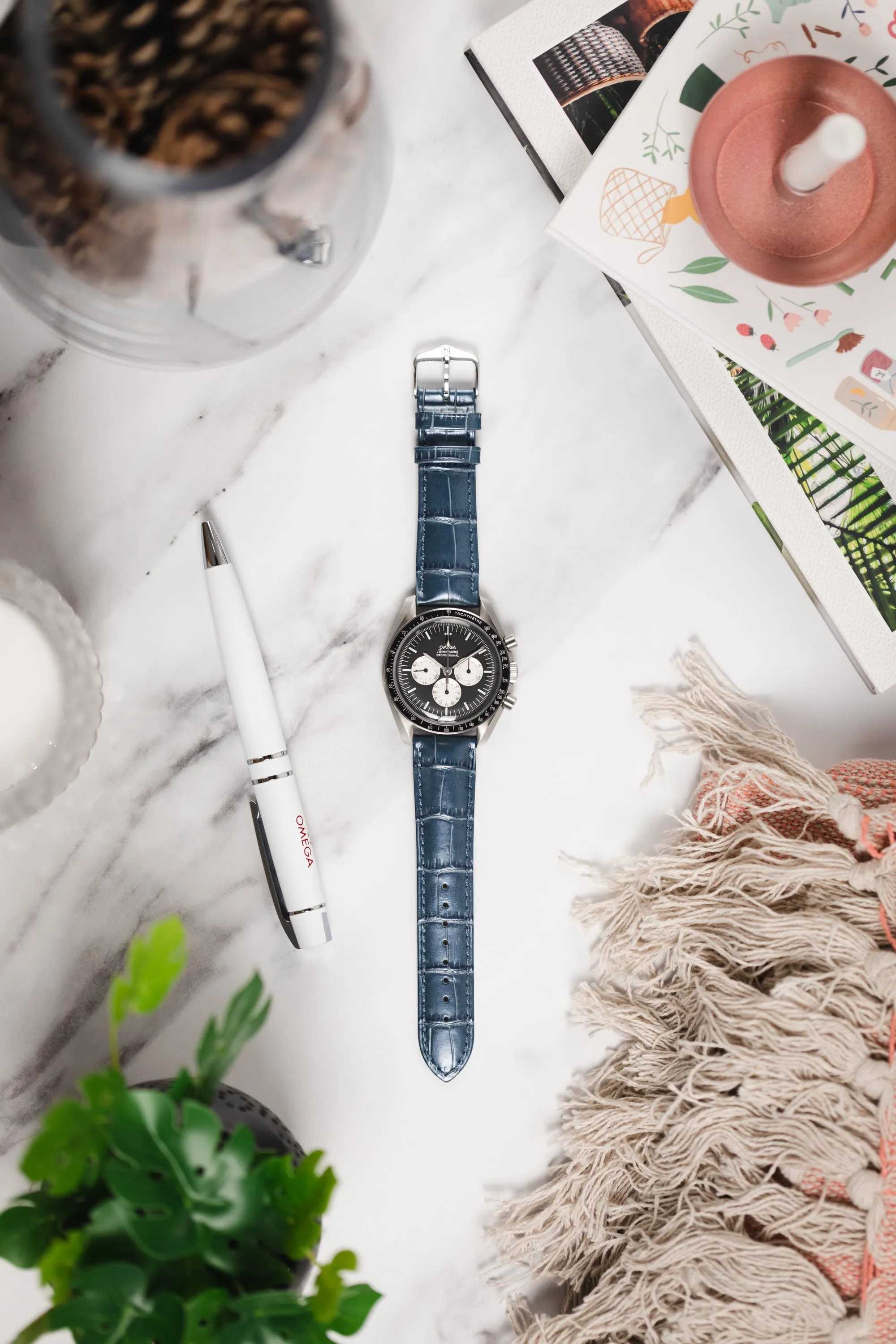 Hirsch DUKE METALLIC Alligator Decorated Blue Watch Strap