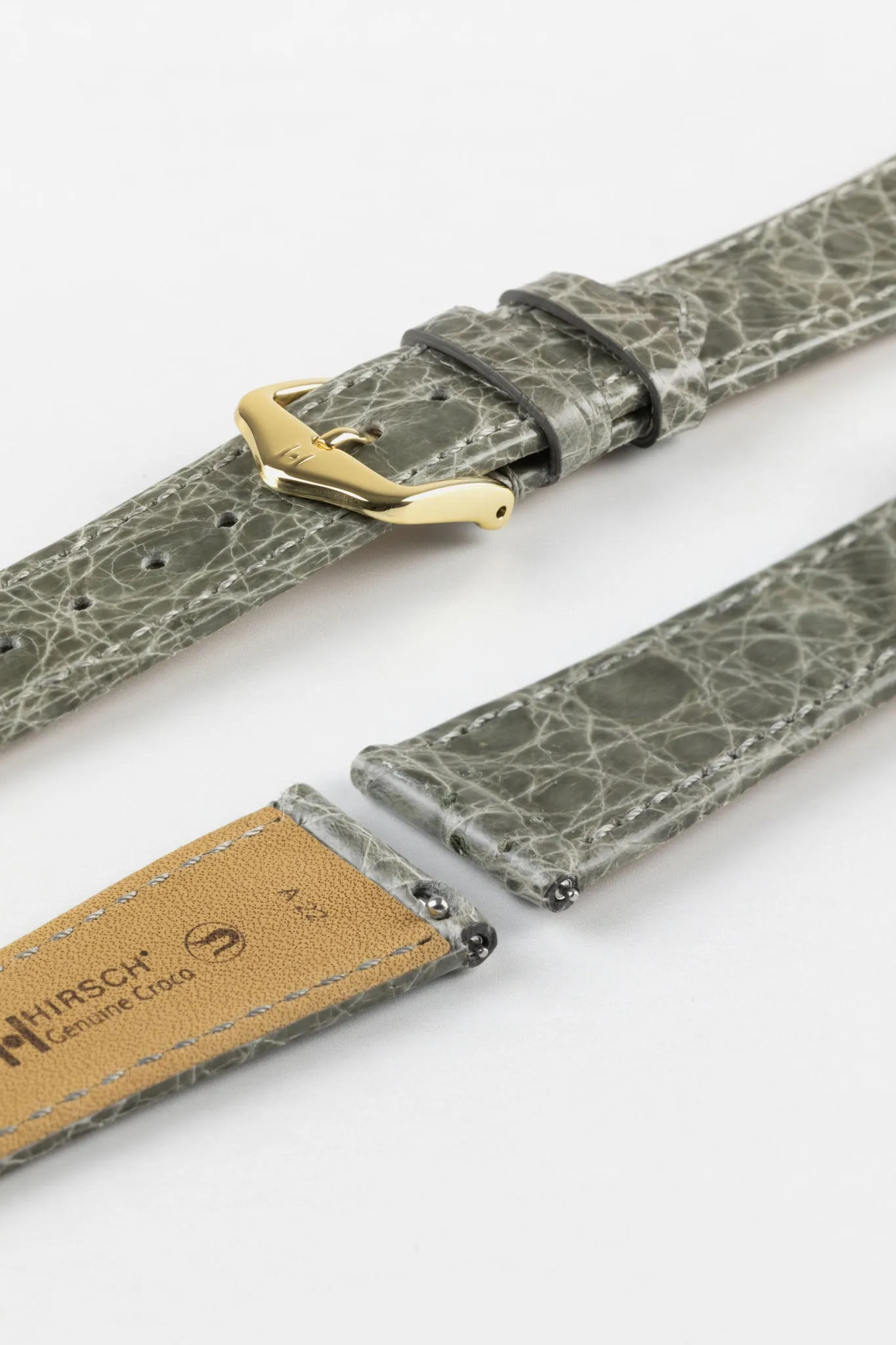 Hirsch GENUINE CROCO Shiny Crocodile Leather Watch Strap in GREY