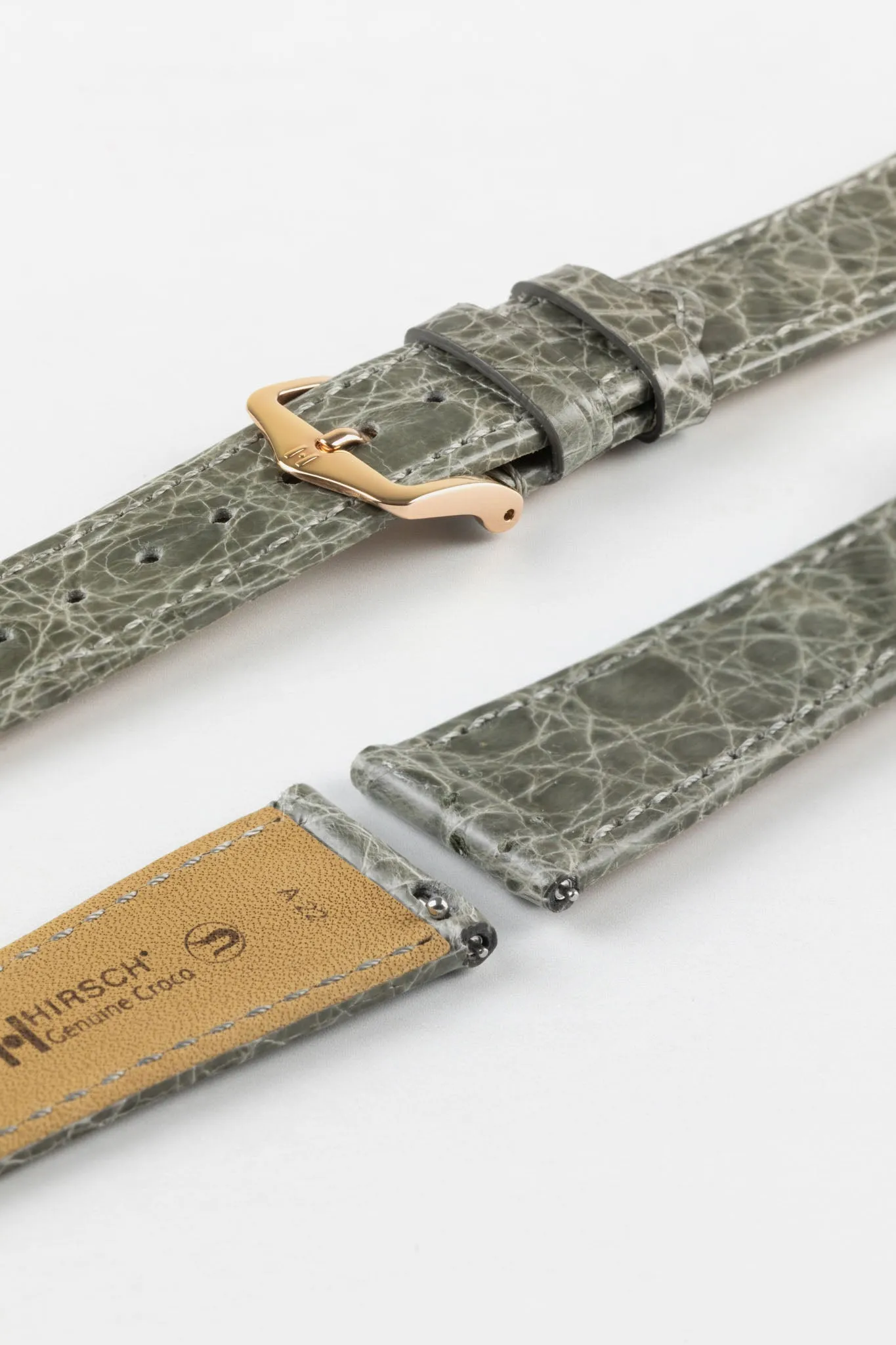 Hirsch GENUINE CROCO Shiny Crocodile Leather Watch Strap in GREY