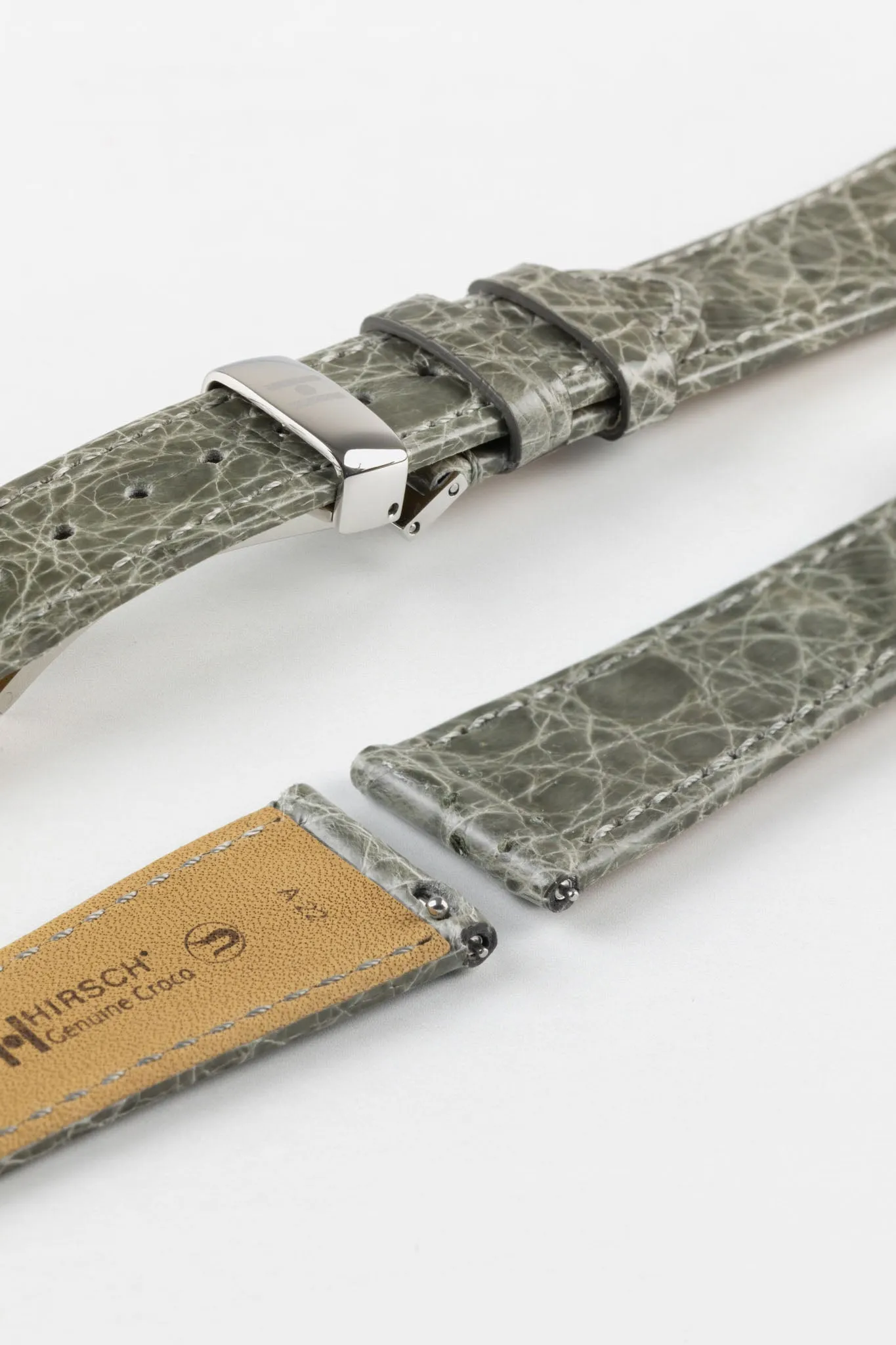 Hirsch GENUINE CROCO Shiny Crocodile Leather Watch Strap in GREY