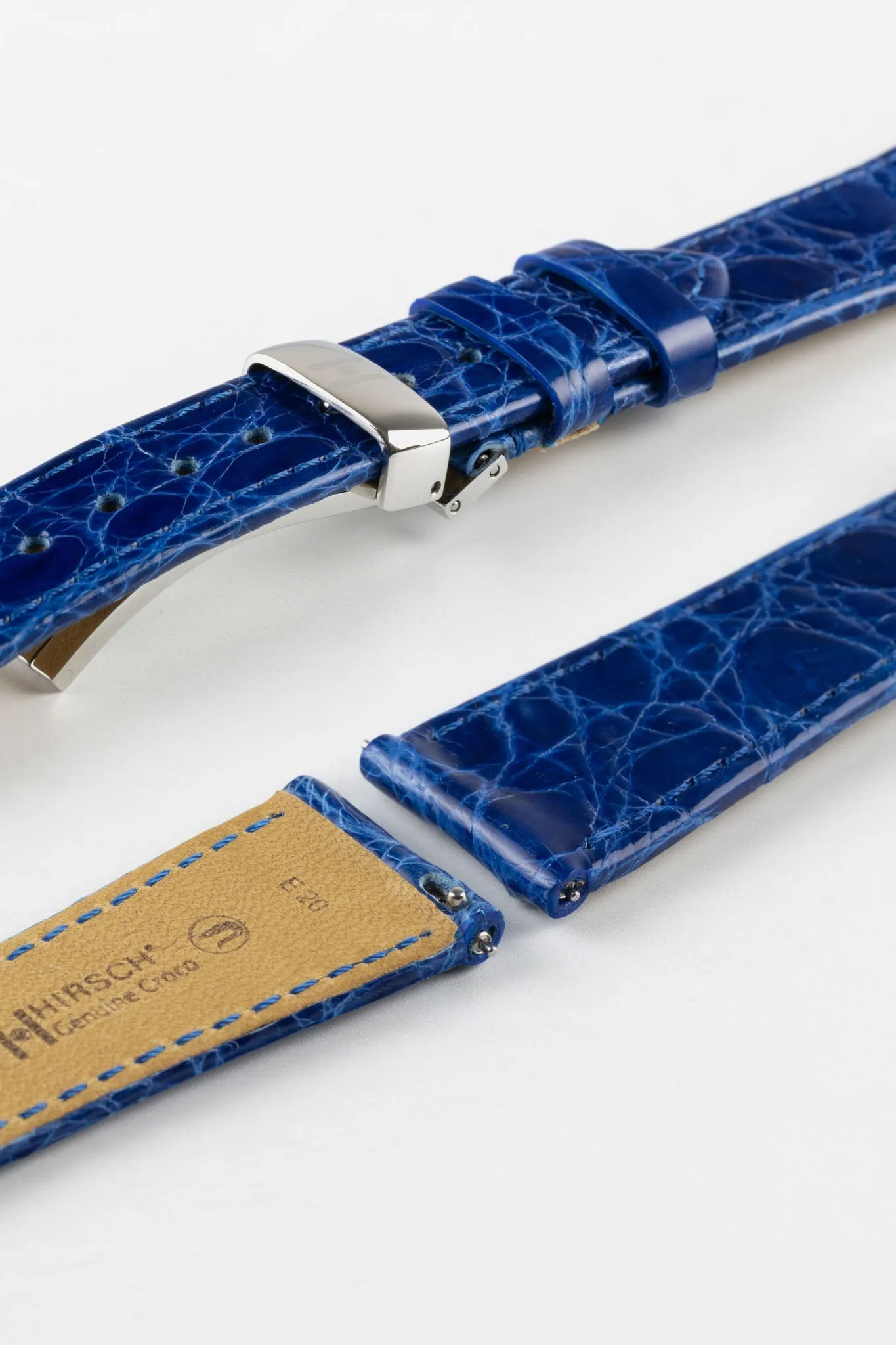 Hirsch GENUINE CROCO Shiny Crocodile Leather Watch Strap in ROYAL BLUE