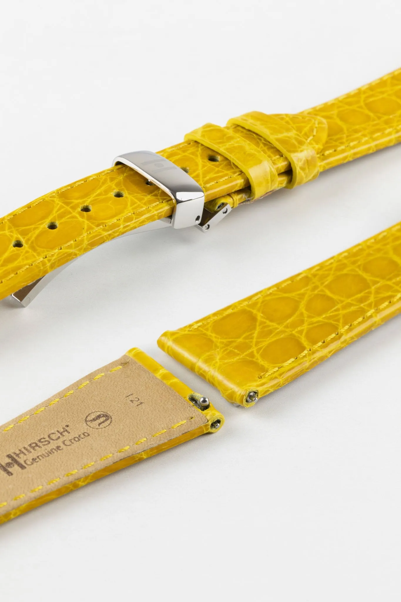 Hirsch GENUINE CROCO Shiny Crocodile Leather Watch Strap in YELLOW