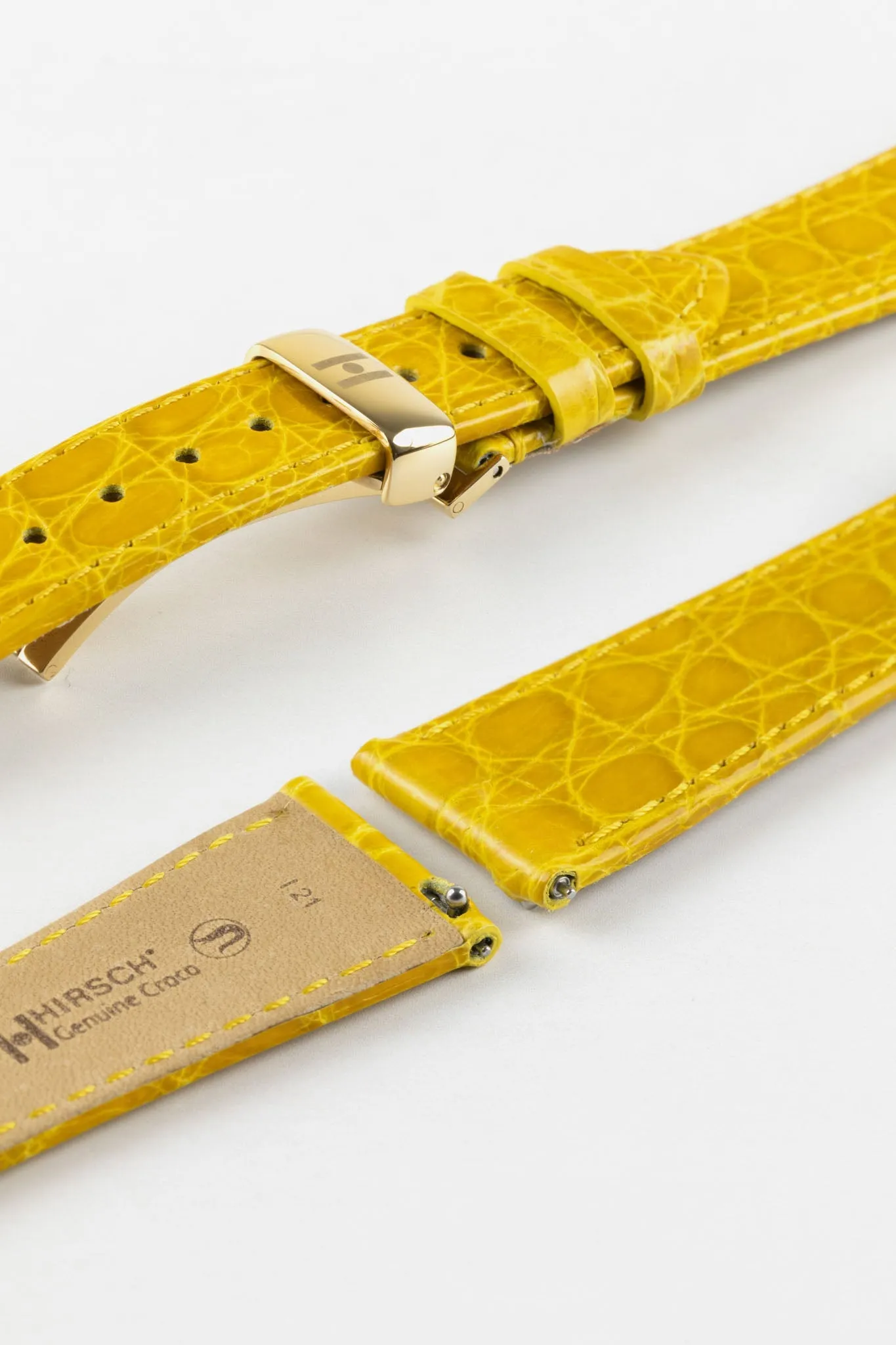 Hirsch GENUINE CROCO Shiny Crocodile Leather Watch Strap in YELLOW