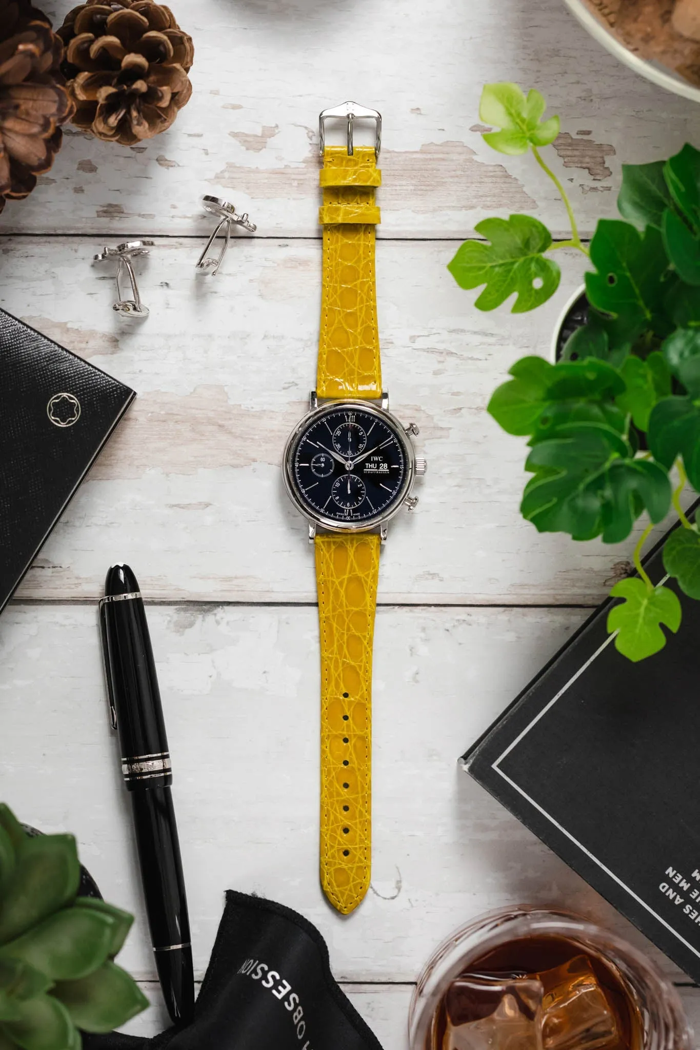 Hirsch GENUINE CROCO Shiny Crocodile Leather Watch Strap in YELLOW