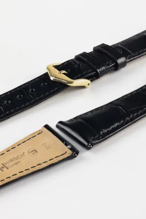 Hirsch LONDON Shiny Alligator Leather Watch Strap in BLACK