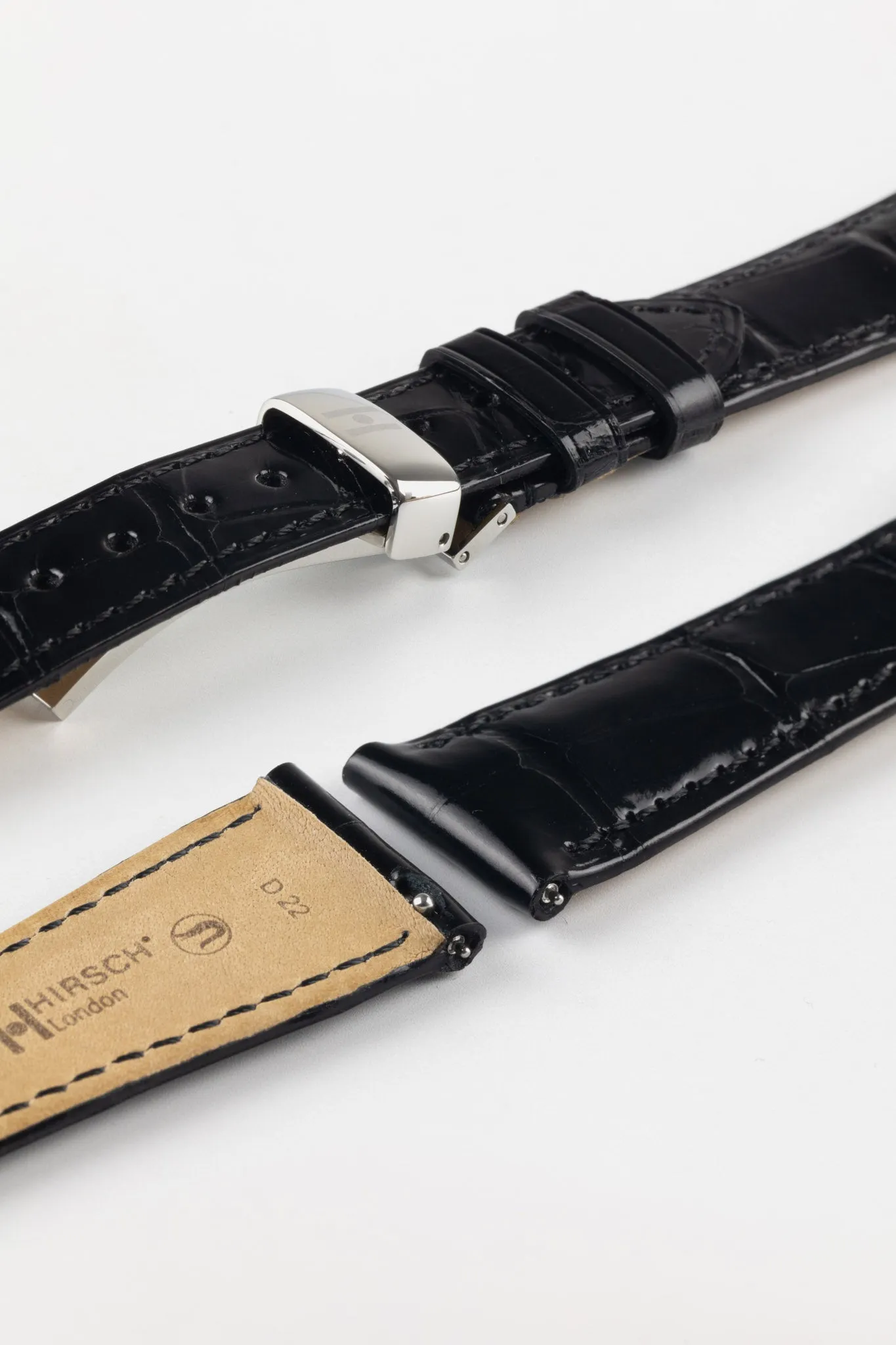 Hirsch LONDON Shiny Alligator Leather Watch Strap in BLACK