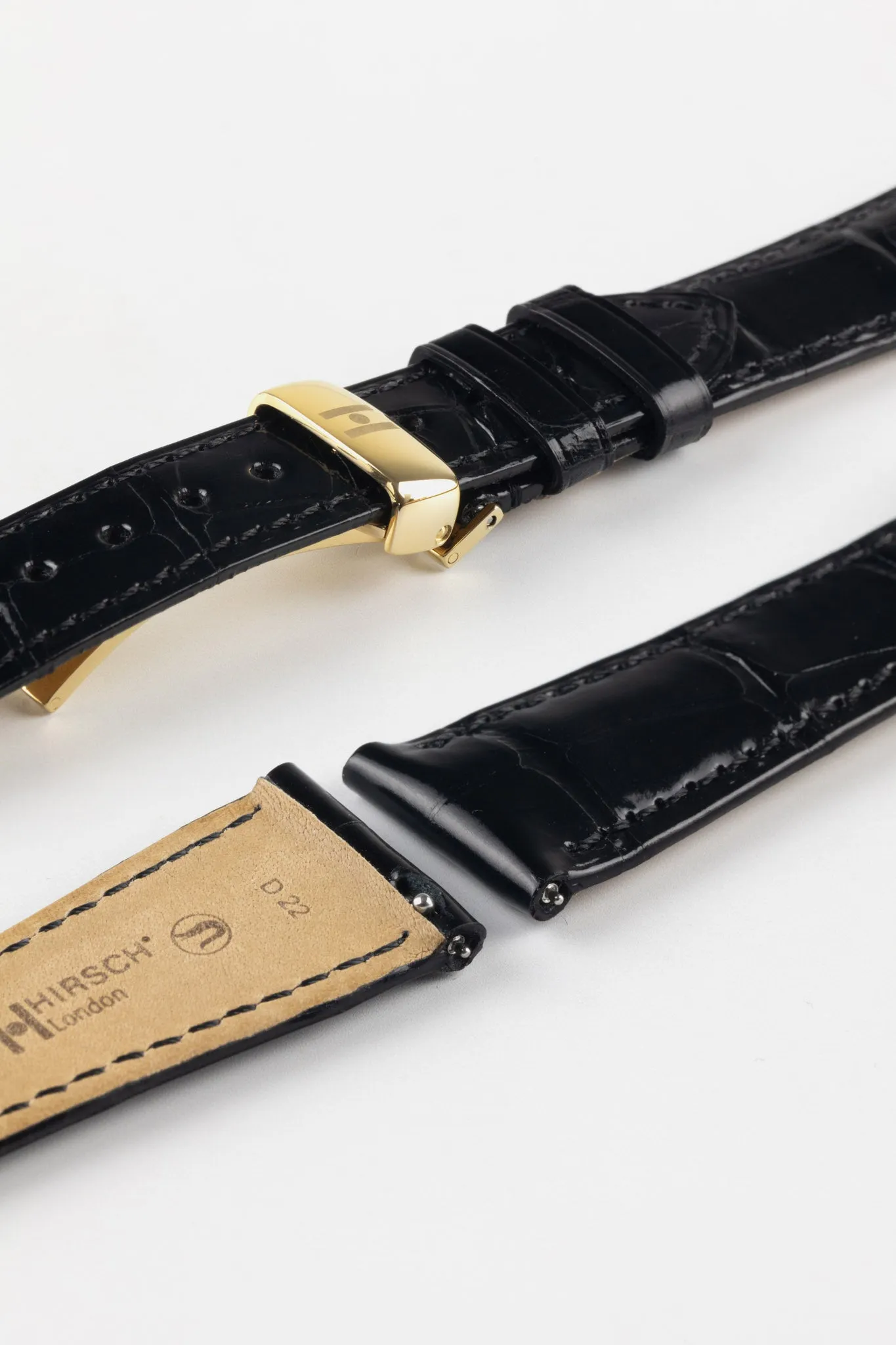 Hirsch LONDON Shiny Alligator Leather Watch Strap in BLACK