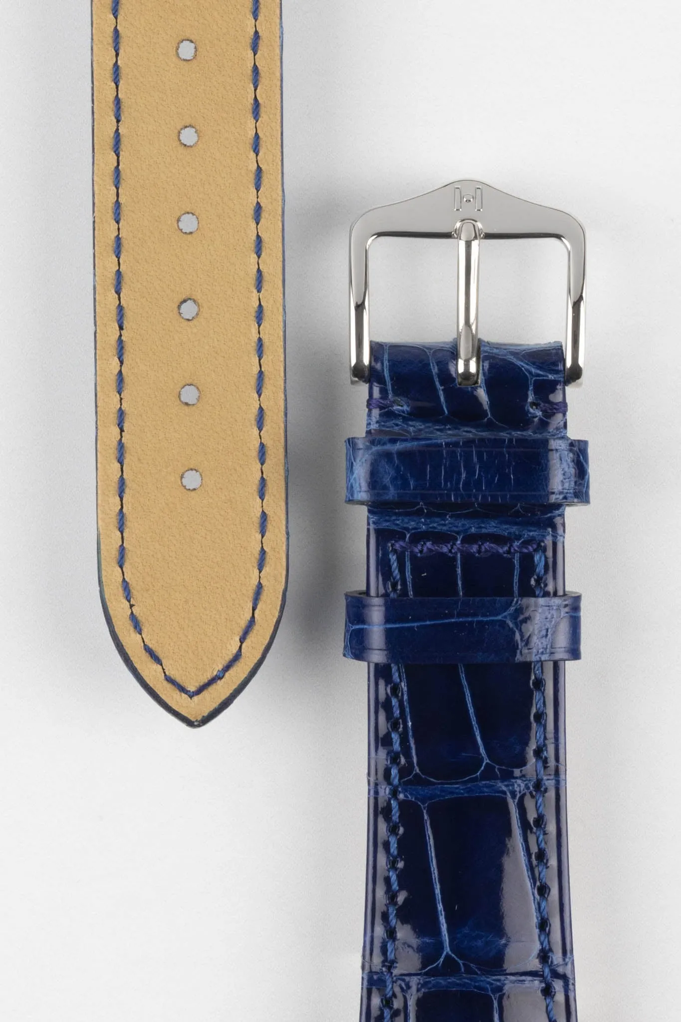Hirsch LONDON Shiny Alligator Leather Watch Strap in BLUE