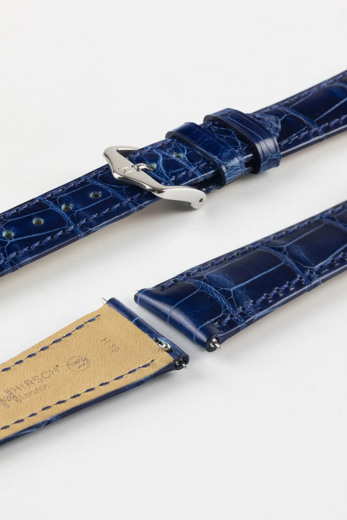 Hirsch LONDON Shiny Alligator Leather Watch Strap in BLUE